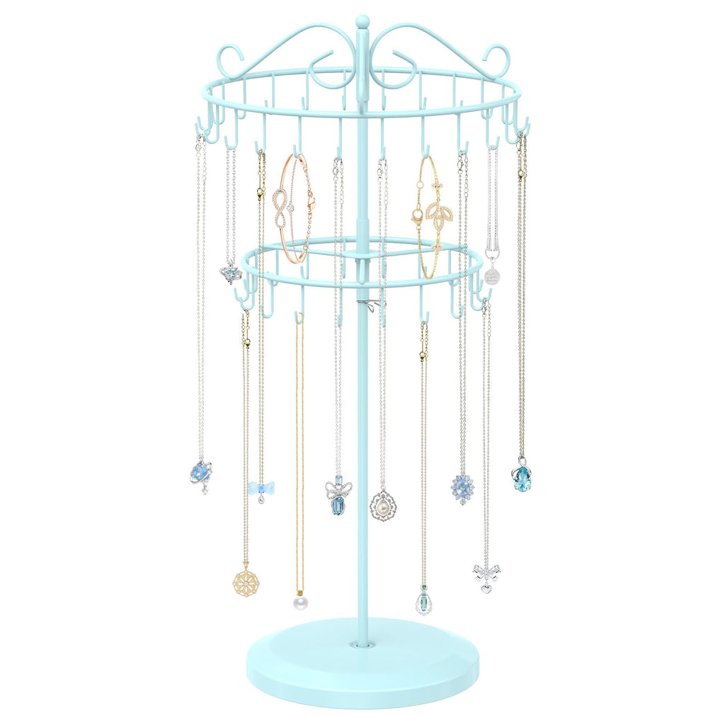 iDavosic.ly 2 Tier Rotating Necklace Holder Organizer with 42 Hooks, Adjustable Metal Bracelet Display Stand Rack, Extra Tall Keychain Spinning Tree Tower for Women, Blue