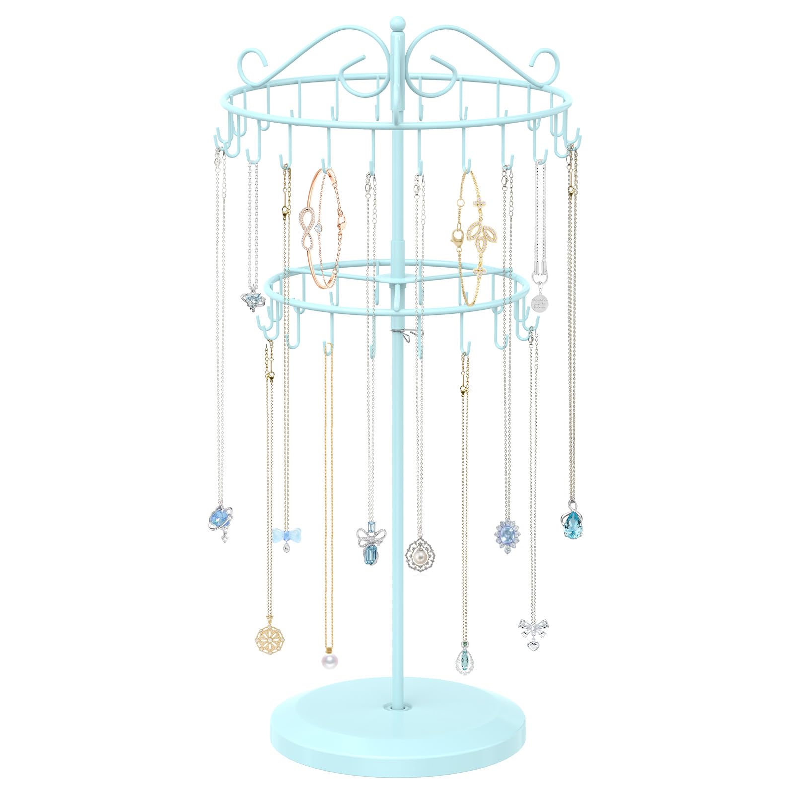 iDavosic.ly 2 Tier Rotating Necklace Holder Organizer with 42 Hooks, Adjustable Metal Bracelet Display Stand Rack, Extra Tall Keychain Spinning Tree Tower for Women, Blue