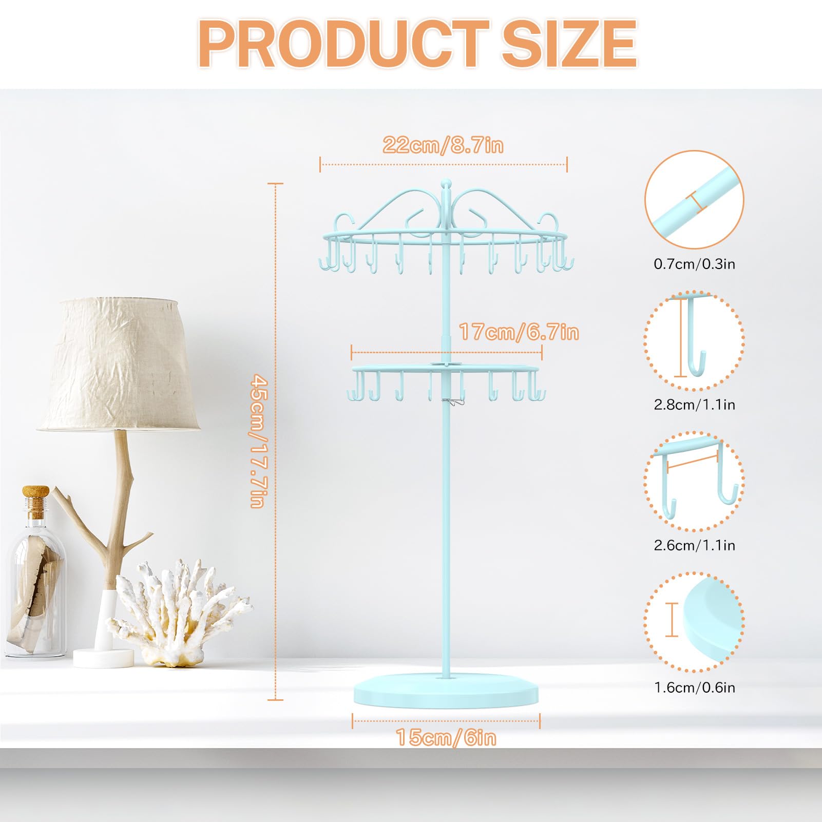 iDavosic.ly 2 Tier Rotating Necklace Holder Organizer with 42 Hooks, Adjustable Metal Bracelet Display Stand Rack, Extra Tall Keychain Spinning Tree Tower for Women, Blue