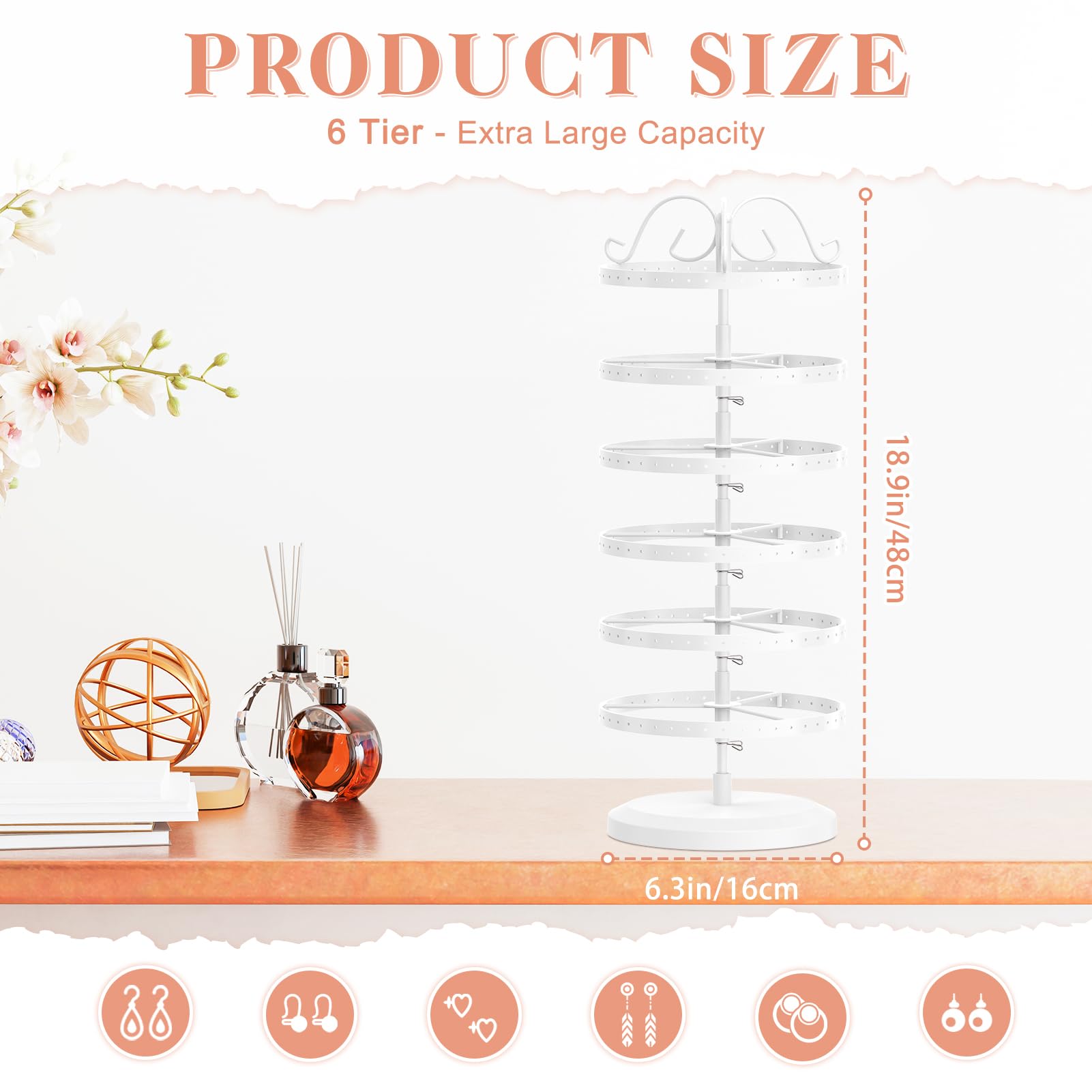 iDavosic.ly 6 Tier Metal Rotating Earring Holder Organizer, 264 Holes Large Stud Storage Display Stands Tree Rack, Adjustable Pierced Hoop Dangle Tower for Women, White