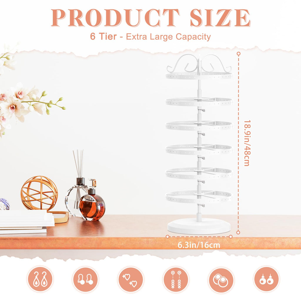 iDavosic.ly 6 Tier Metal Rotating Earring Holder Organizer, 264 Holes Large Stud Storage Display Stands Tree Rack, Adjustable Pierced Hoop Dangle Tower for Women, White