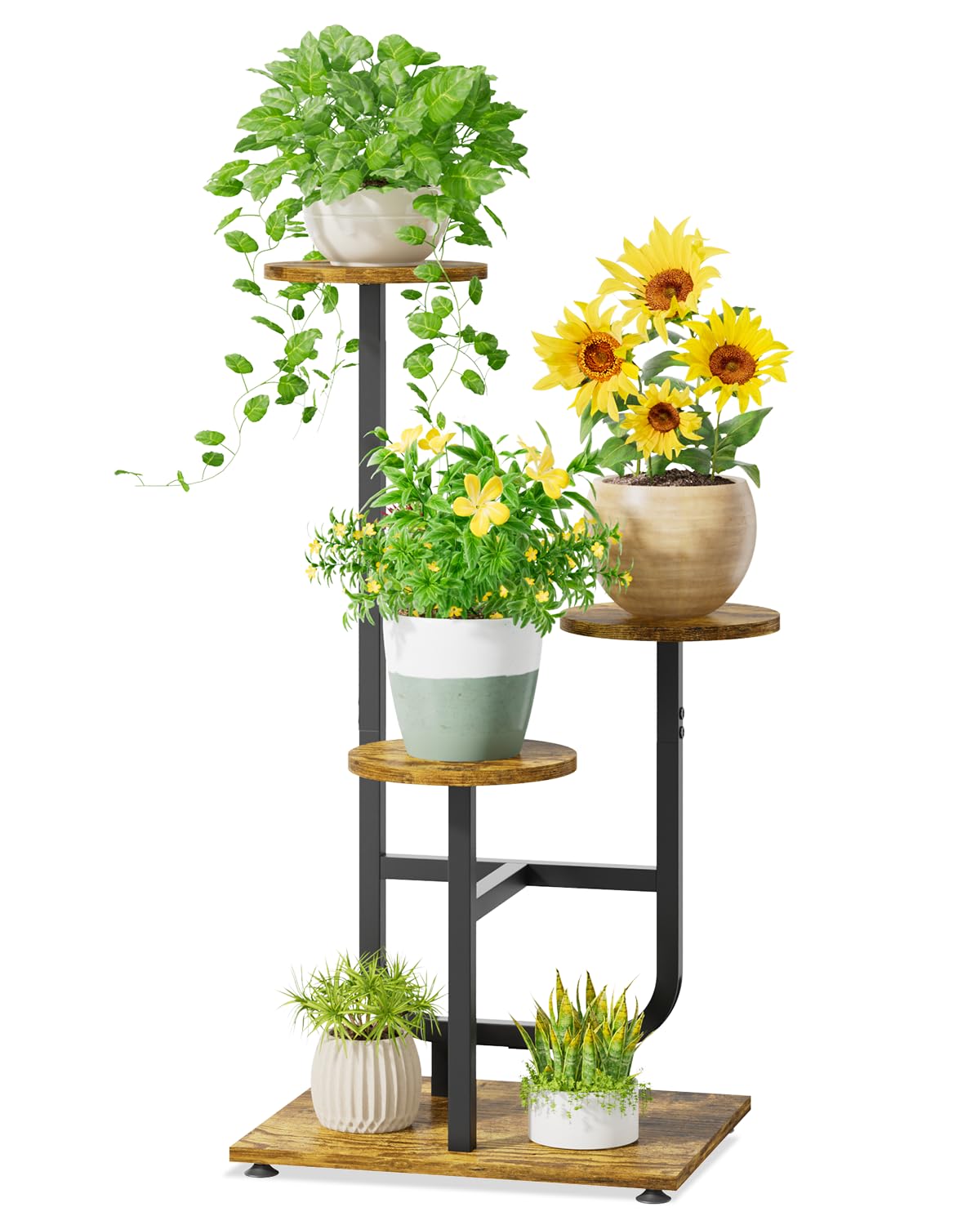iDavosic.ly 3 Tier Plant Stand Indoor, Corner Tiered Multiple Flower Holder Shelf with Wooden Trays, Orchid Display Metal Rack for Patio Porch Living Room Balcony Outdoor, Modern Black & Rustic Brown