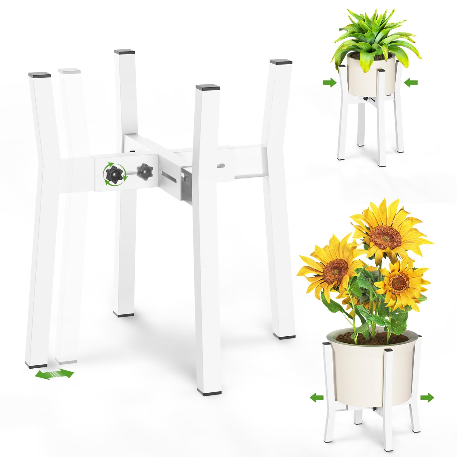 iDavosic.ly Adjustable Plant Pot Stand Indoor Outdoor 2 Pack, Metal Modern Bamboo Short Single Flower Holder Fits 8 to 12 Inch Large Heavy Duty Planter (Not Included) | Whinte and Brown