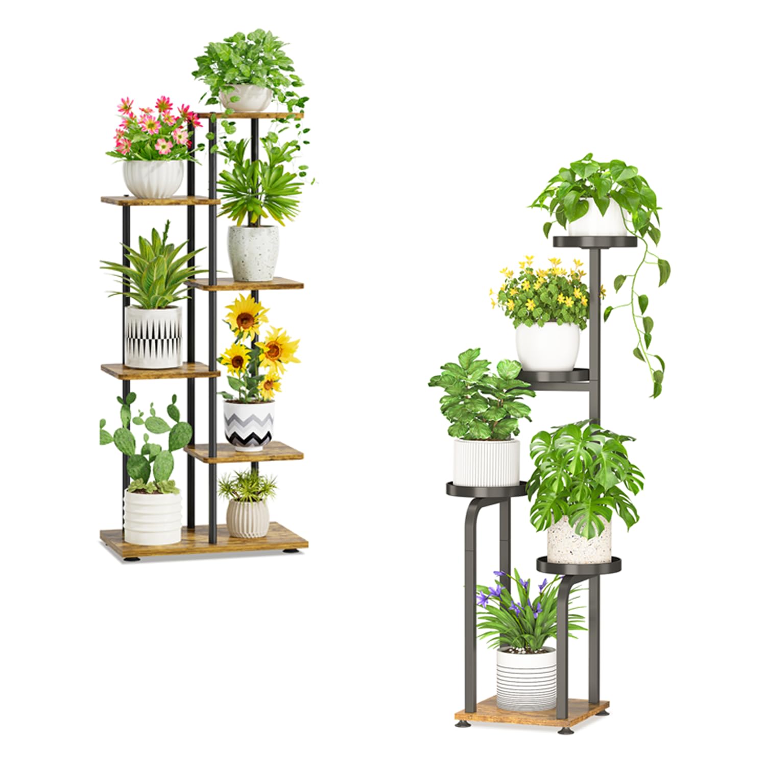 iDavosic.ly Wooden Plant Stand for Indoor Outdoor Set of 2, 42 In Tall Flower Holder Shelf and 4 Layer Corner Orchid Rack with Metal Trays for Living Room Balcony Patio Porch Garden, Black and Brown