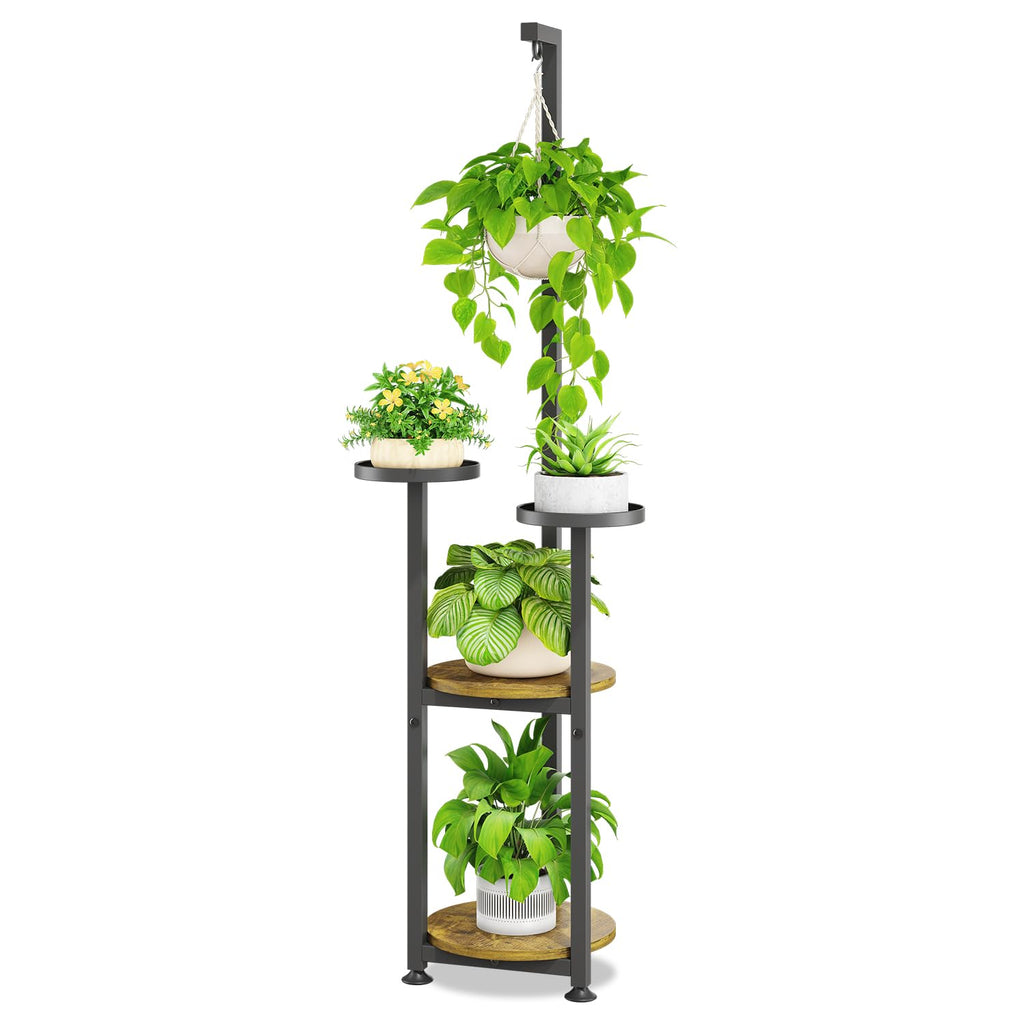 iDavosic.ly 4 Tier Hanging Plant Stand Indoor, Tall Vertical Corner Metal Flower Heavy Duty Pot Holder Shelf for Patio Porch Living Room, Modern Black & Rustic Brown - Round