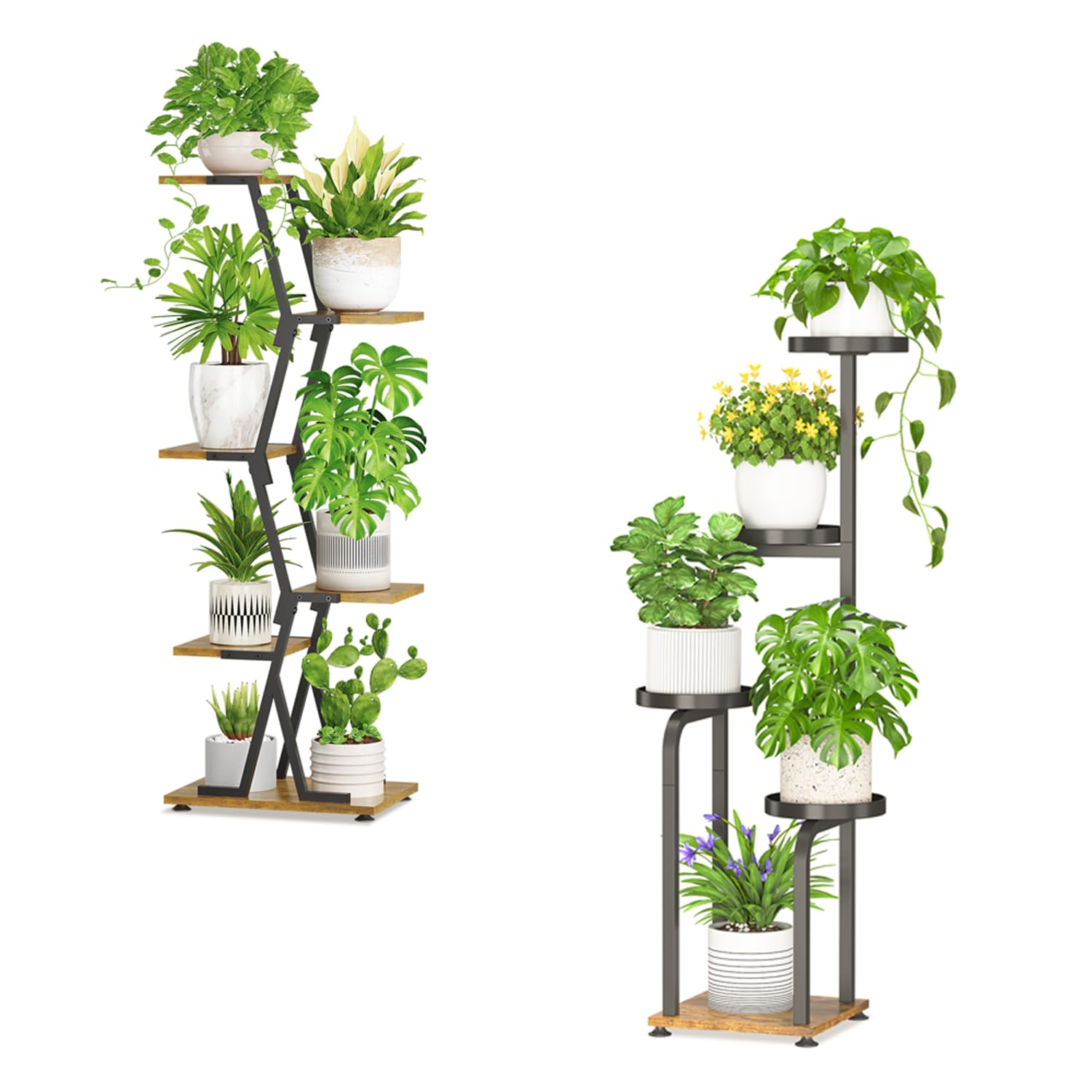iDavosic.ly Wooden Plant Stand for Indoor Outdoor Set of 2, 5 Tier Tall Flower Holder Shelf and 4 Layer Corner Orchid Rack with Metal Trays for Living Room Balcony Patio Porch Garden, Black and Brown