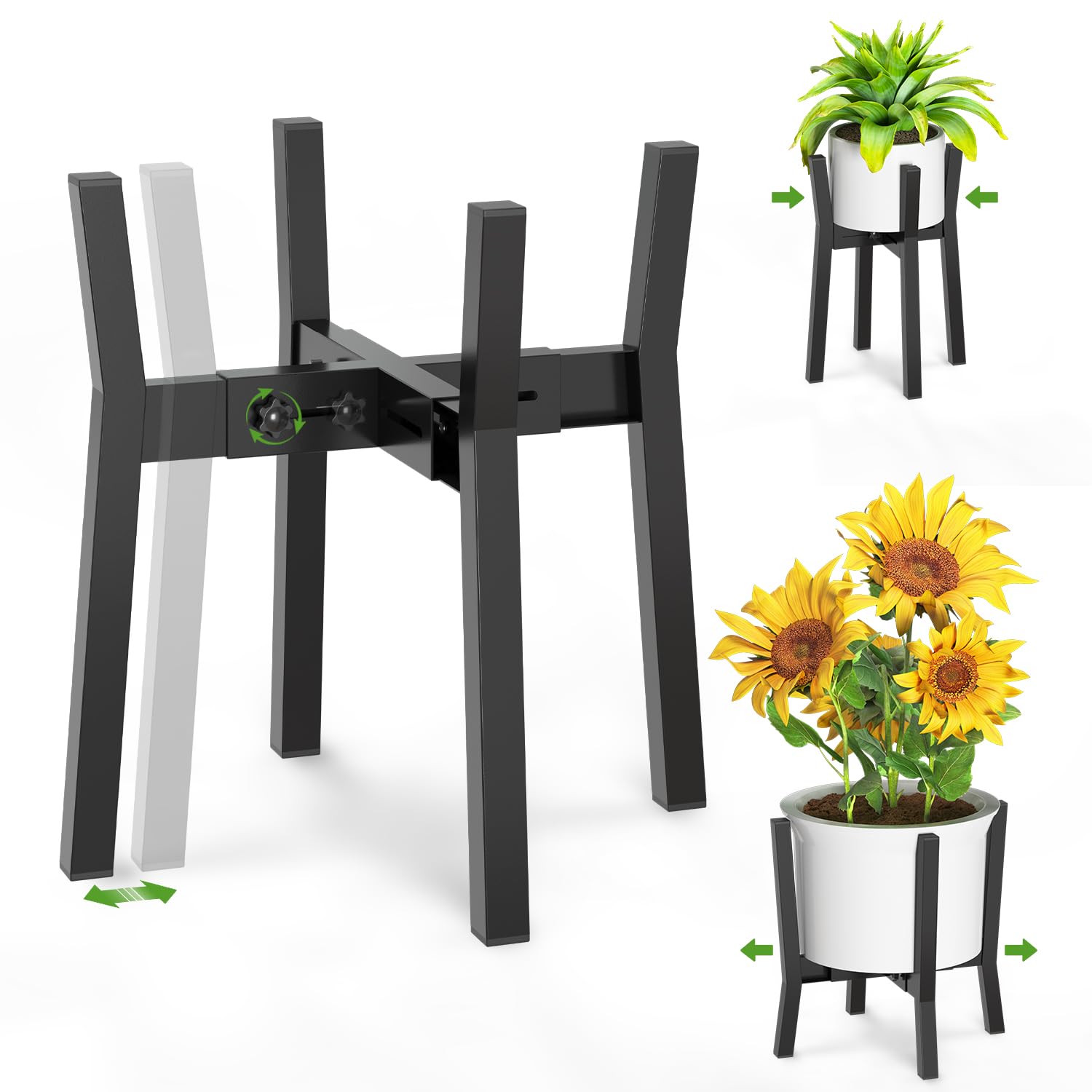 iDavosic.ly Adjustable Plant Pot Stand Indoor Outdoor 2 Pack, Metal Mid Century Modern Bamboo Short Single Flower Holder Fits 8 to 12 Inch Large Heavy Duty Planter (Not Included) | Black