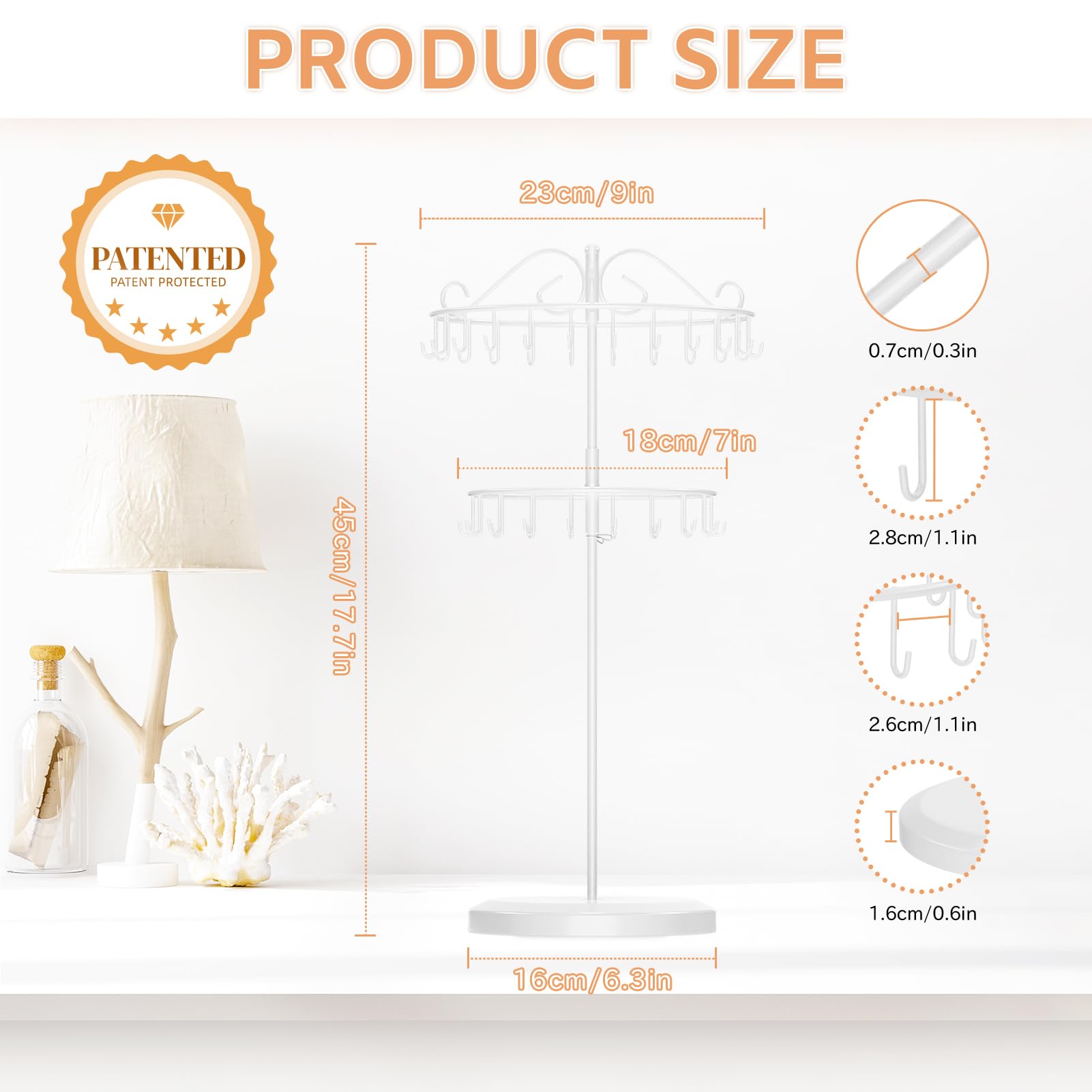 iDavosic.ly 2 Tier Rotating Necklace Holder Organizer with 42 Hooks, Adjustable Metal Bracelet Display Stand Rack, Extra Tall Keychain Spinning Tree Tower for Women, White