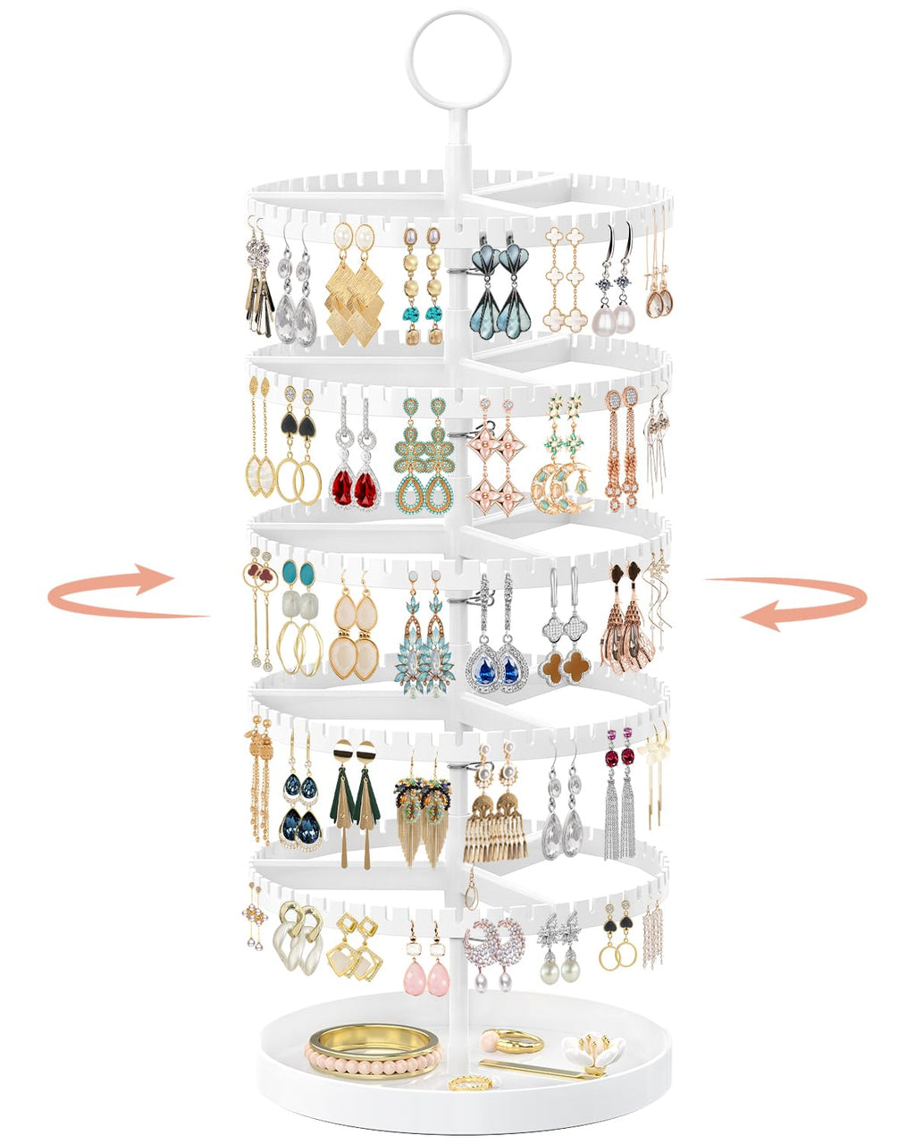iDavosic.ly 5 Tier Rotating Earring Holder Organizer with Metal Tray, Adjustable Plastic Dangle Display Stands Tree with 285 Grooves, Large Hoop Storage Rack Tower, White