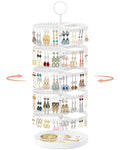 iDavosic.ly 5 Tier Rotating Earring Holder Organizer with Metal Tray, Adjustable Plastic Dangle Display Stands Tree with 285 Grooves, Large Hoop Storage Rack Tower, White