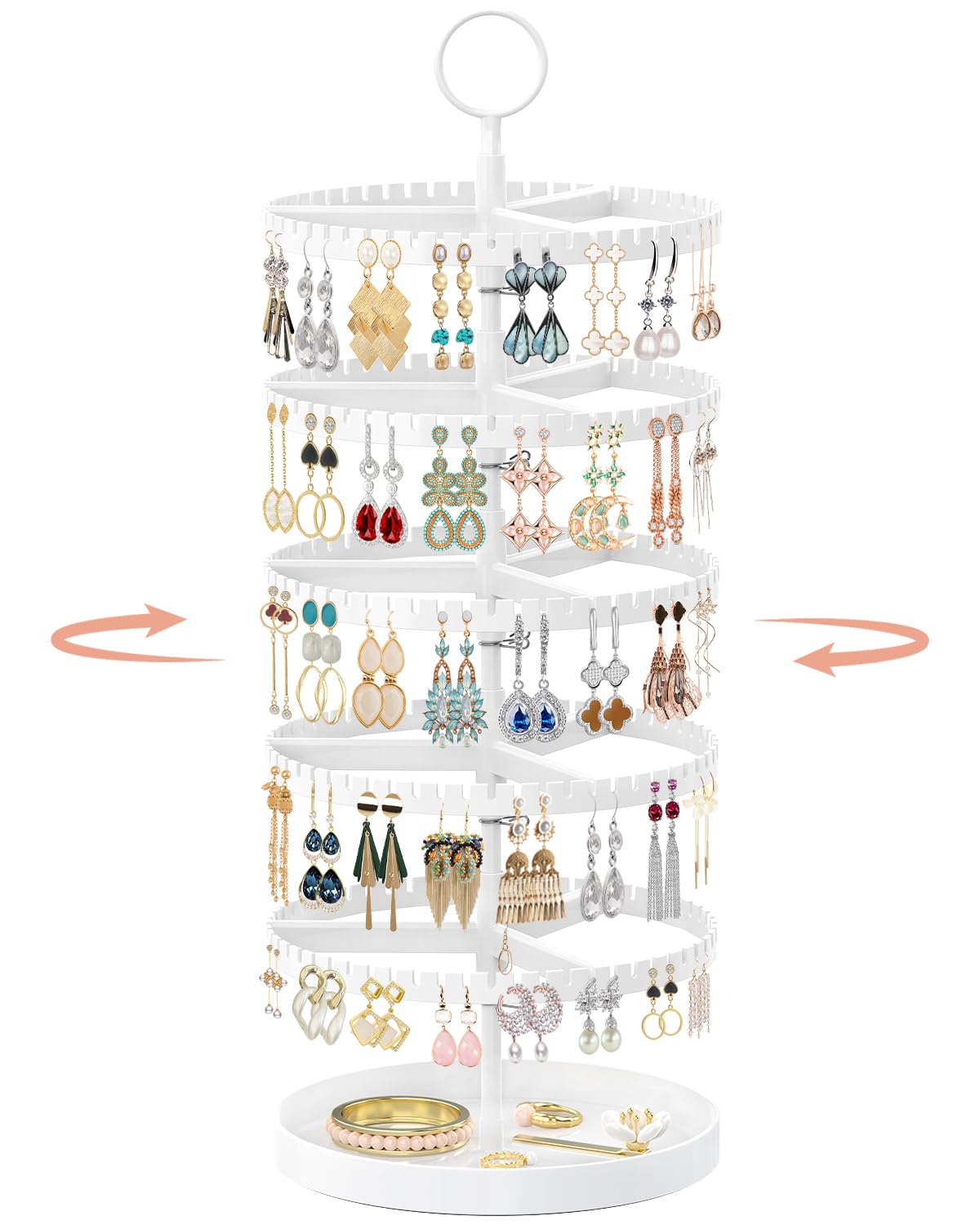 iDavosic.ly 5 Tier Rotating Earring Holder Organizer with Metal Tray, Adjustable Plastic Dangle Display Stands Tree with 285 Grooves, Large Hoop Storage Rack Tower, White