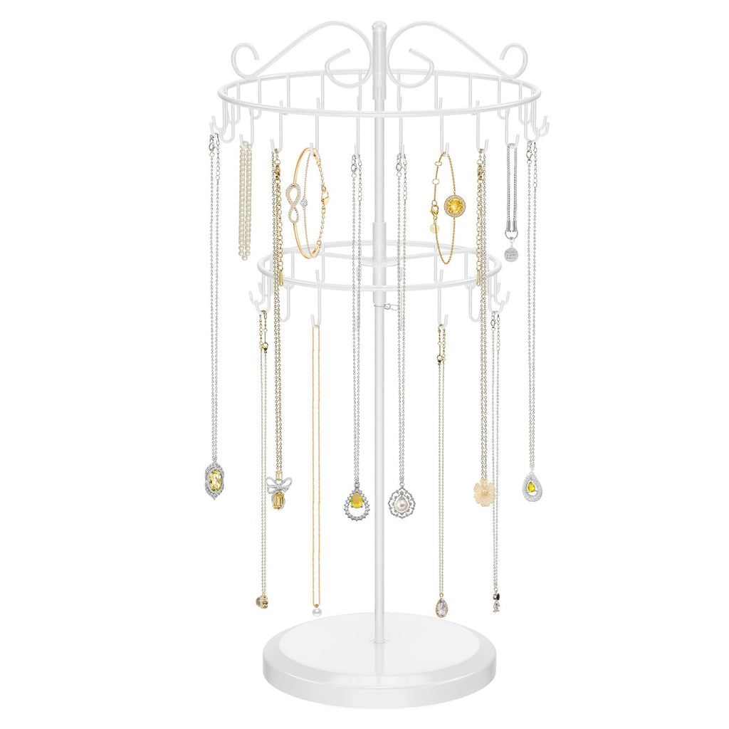 iDavosic.ly 2 Tier Rotating Necklace Holder Organizer with 42 Hooks, Adjustable Metal Bracelet Display Stand Rack, Extra Tall Keychain Spinning Tree Tower for Women, White