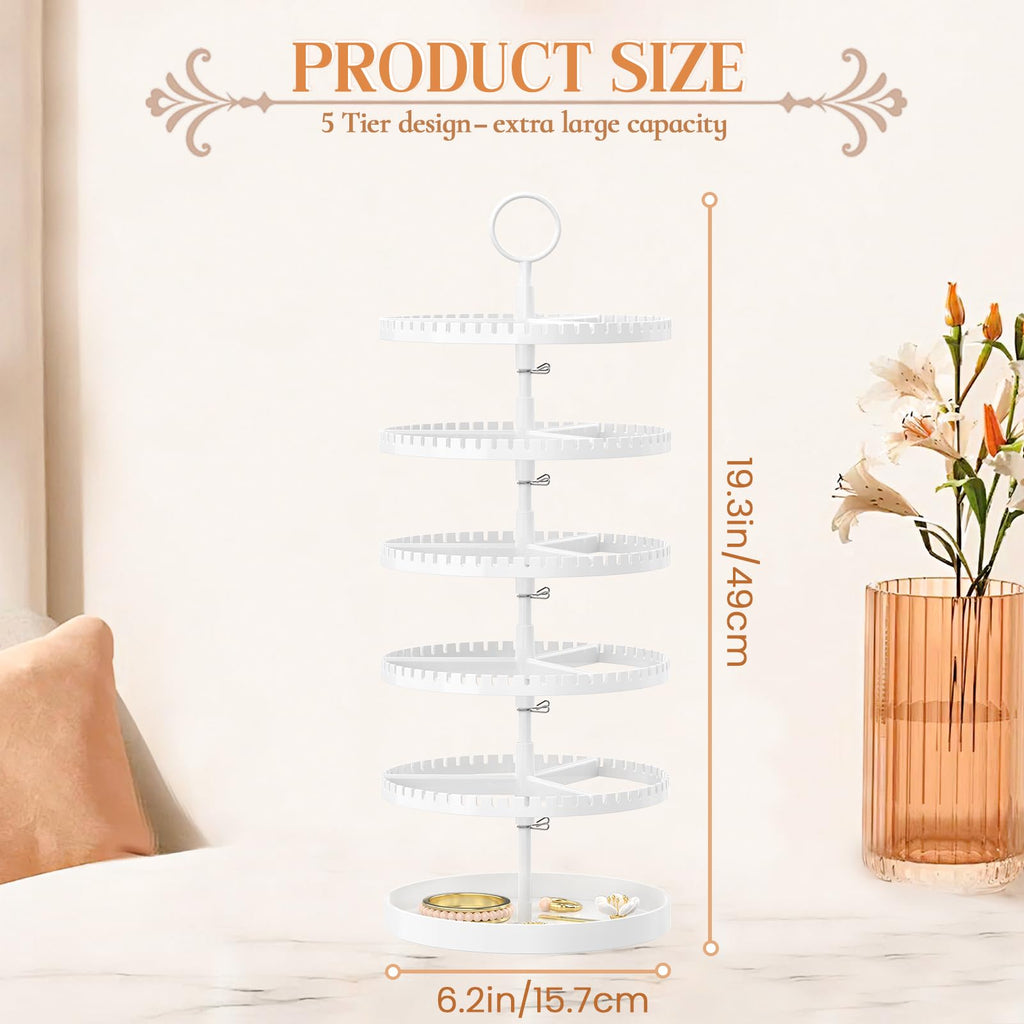 iDavosic.ly 5 Tier Rotating Earring Holder Organizer with Metal Tray, Adjustable Plastic Dangle Display Stands Tree with 285 Grooves, Large Hoop Storage Rack Tower, White