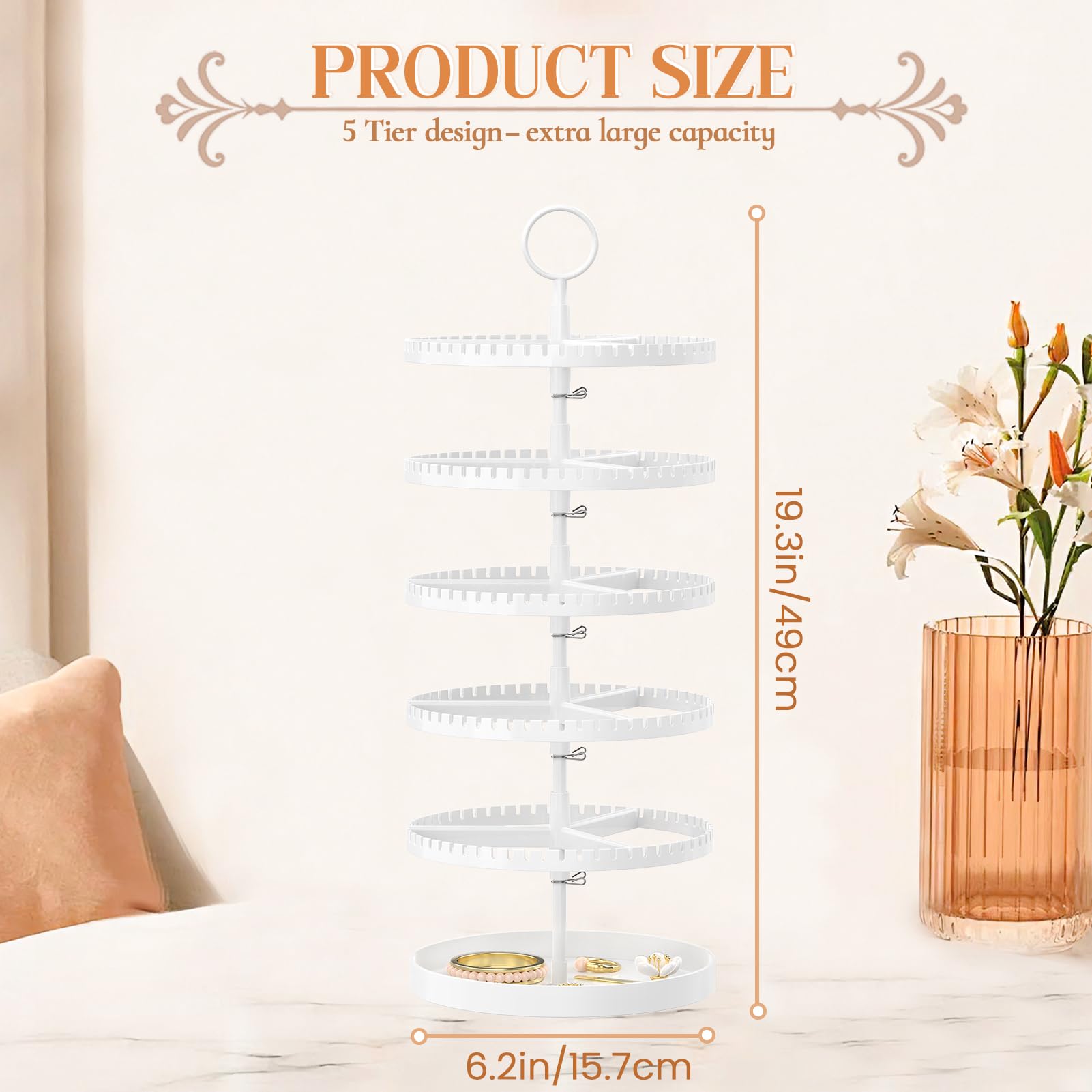 iDavosic.ly 5 Tier Rotating Earring Holder Organizer with Metal Tray, Adjustable Plastic Dangle Display Stands Tree with 285 Grooves, Large Hoop Storage Rack Tower, White