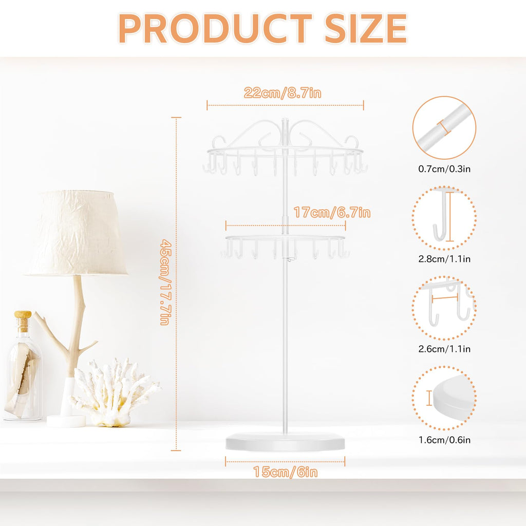 iDavosic.ly 2 Tier Metal Rotating Necklace Holder Organizer and 5 Layer Plastic Adjustable Earring Display Stand Rack with Iron Tray, Bracelet Keychain Spinning Tree Tower for Women Girl, White Black