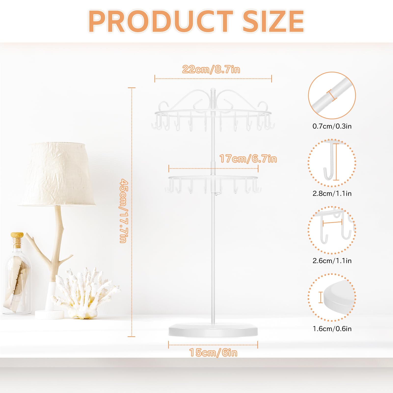 iDavosic.ly 2 Tier Metal Rotating Necklace Holder Organizer and 5 Layer Plastic Adjustable Earring Display Stand Rack with Iron Tray, Bracelet Keychain Spinning Tree Tower for Women Girl, White
