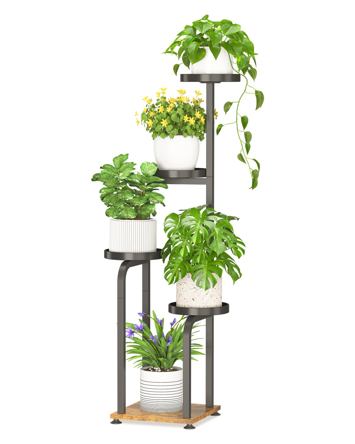 iDavosic.ly Tall Plant Stand Indoor, 4 Tier Corner Multiple Flower Holder Shelf with Metal Trays, Space Saving Display Rack for Living Room Balcony Patio Porch Outdoor | Black & Brown