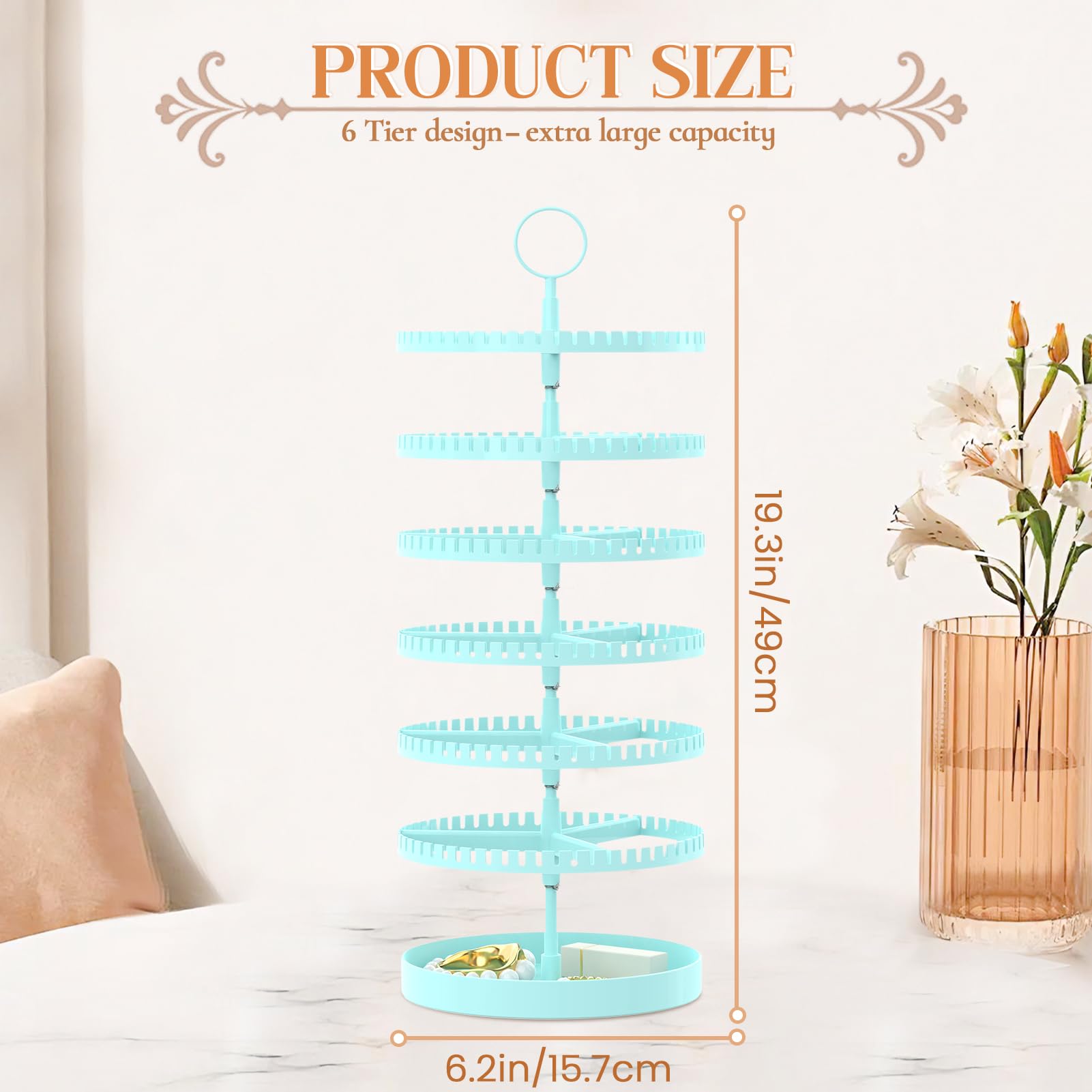 iDavosic.ly 6 Tier Rotating Earring Holder Organizer with Metal Tray, Adjustable Plastic Dangle Display Stands Tree with 342 Grooves, Large Hoop Storage Rack Tower, Blue