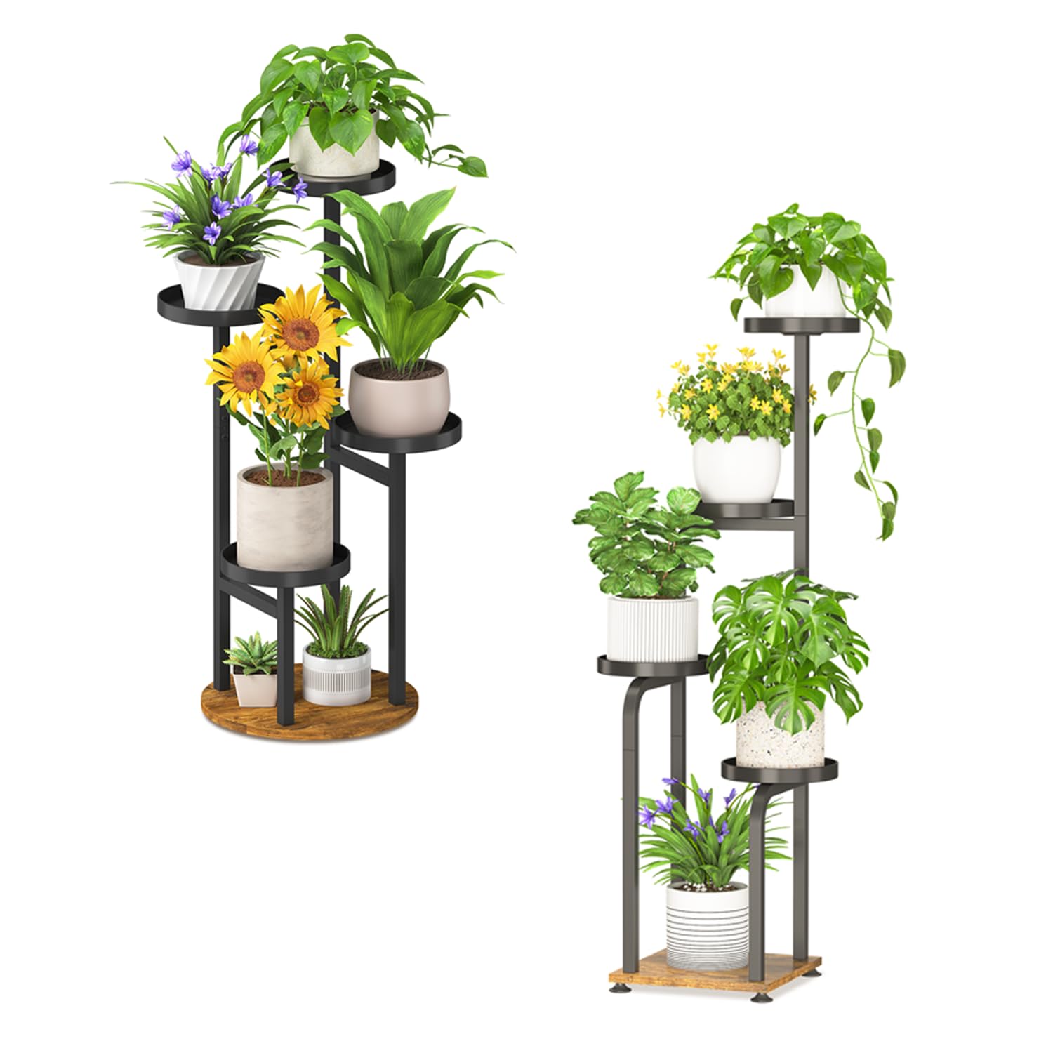 iDavosic.ly 4 Tier Plant Stand for Indoor Outdoor Set of 2, Metal and Wood Multiple Flower Holder Shelf and Space Saving Tall Corner Orchid Rack for Living Room Balcony Patio Porch Garden