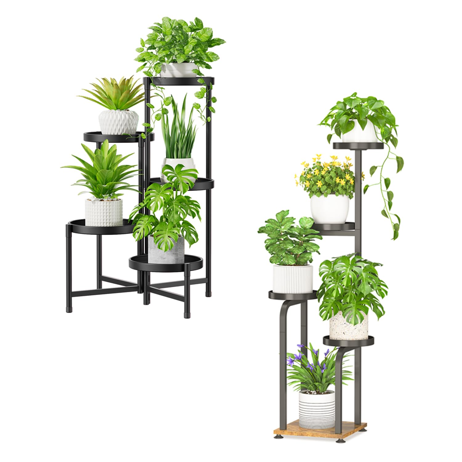 iDavosic.ly Plant Stand for Indoor Outdoor Set of 2, 5 Tier Large Folding Metal Flower Display Holder Rack and 4 Layer Space Saving Tall Corner Orchid Shelf for Living Room Balcony Patio Porch Garden
