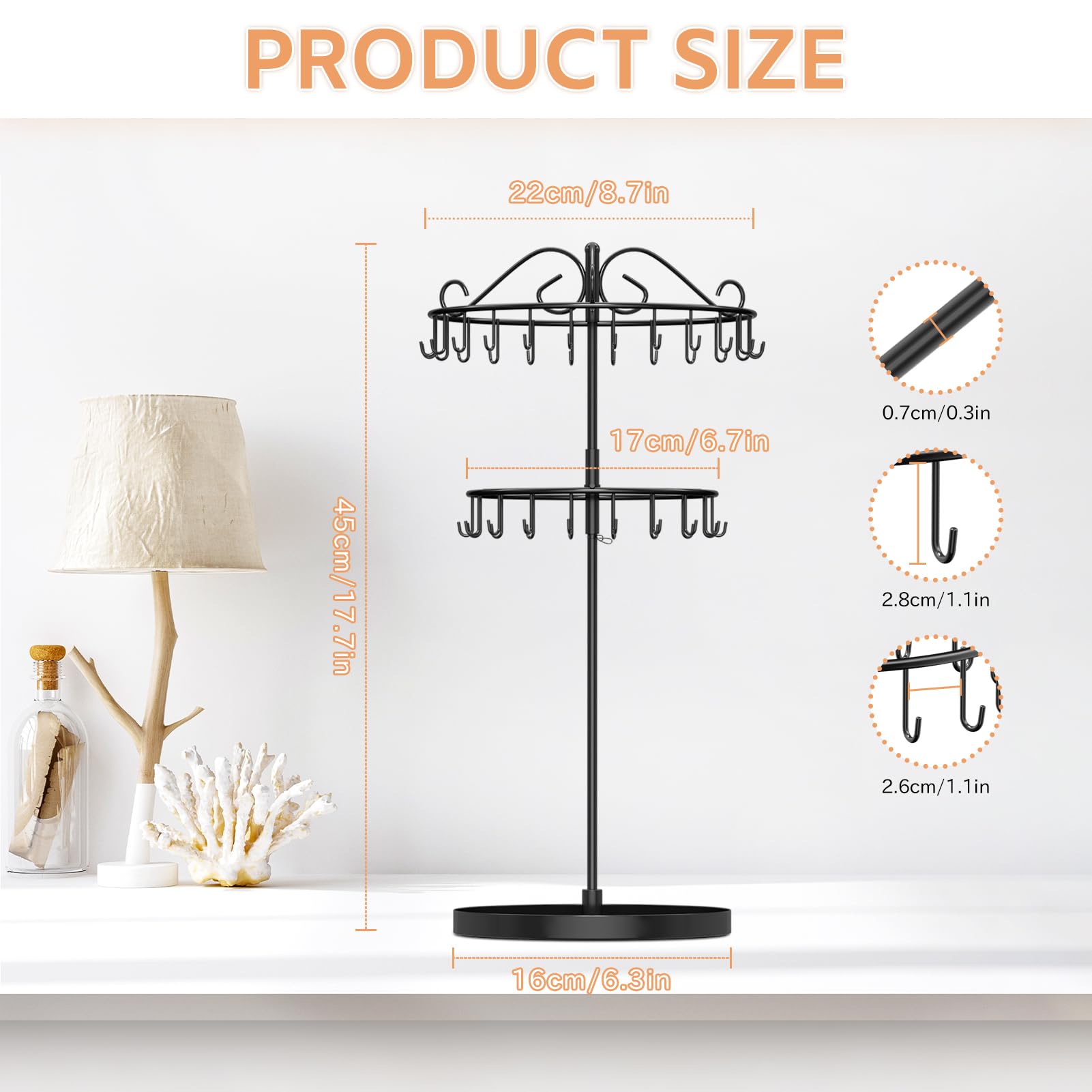 iDavosic.ly 2 Tier Metal Rotating Necklace Holder Organizer and 5 Layer Plastic Adjustable Earring Display Stand Rack, Extra Tall Bracelet Keychain Spinning Tree Tower for Women, Black White