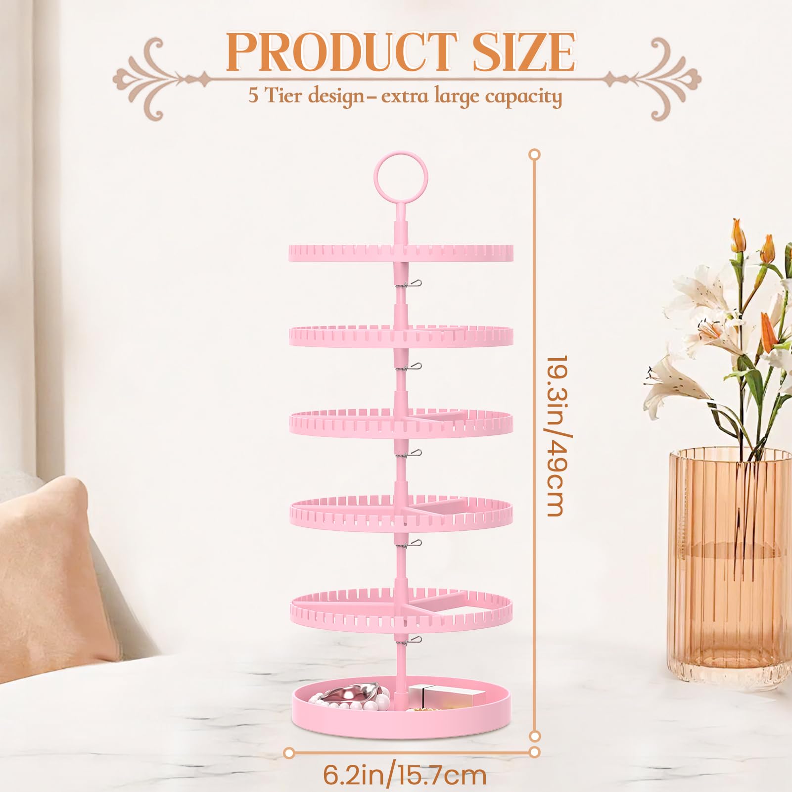 iDavosic.ly 5 Tier Rotating Earring Holder Organizer with Metal Tray, Adjustable Plastic Dangle Display Stands Tree with 285 Grooves, Large Hoop Storage Rack Tower, Pink