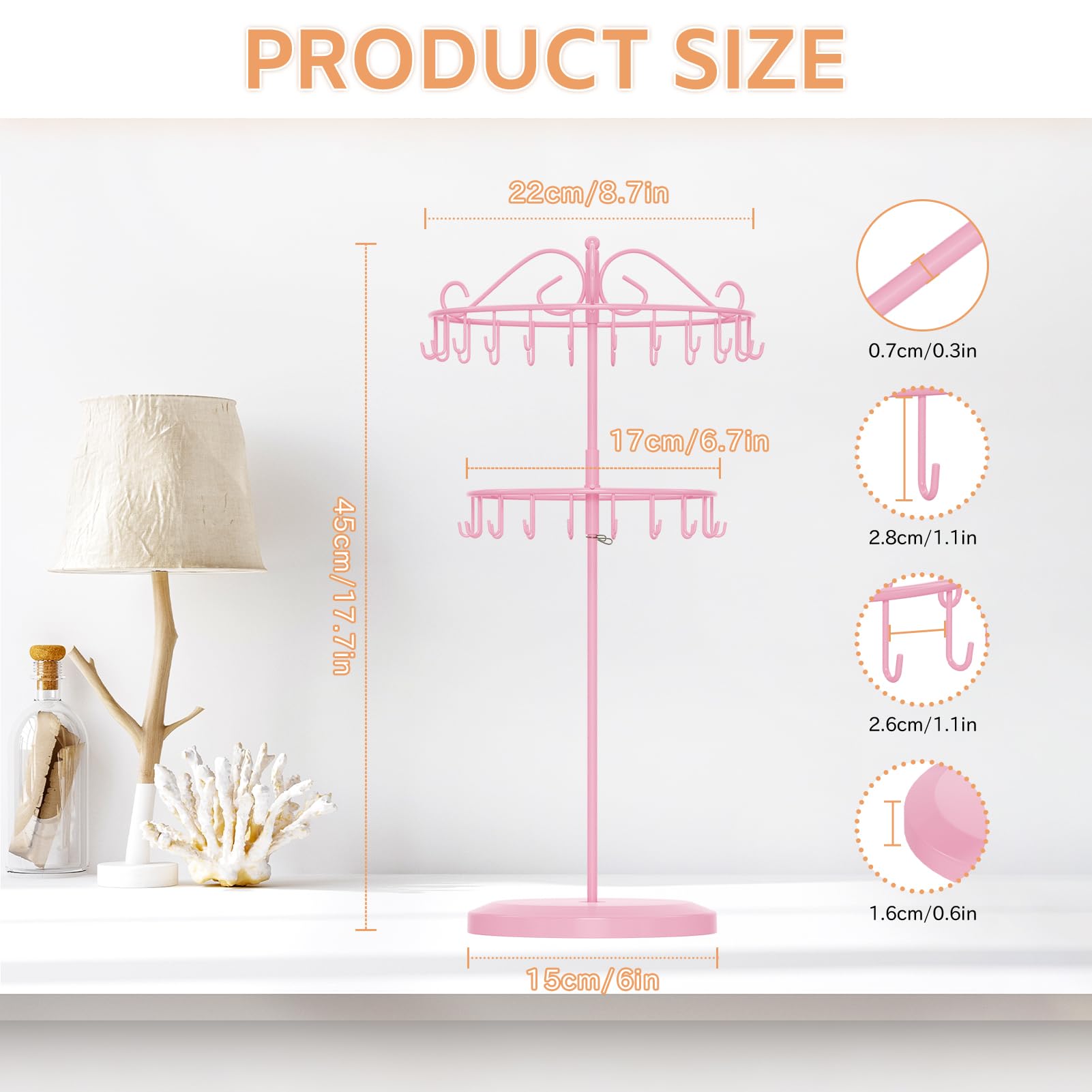 iDavosic.ly 2 Tier Rotating Necklace Holder Organizer with 42 Hooks, Adjustable Metal Bracelet Display Stand Rack, Extra Tall Keychain Spinning Tree Tower for Women, Pink
