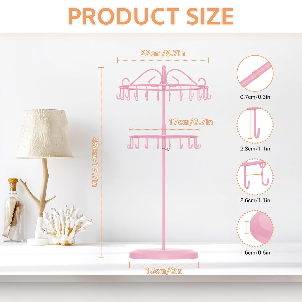 iDavosic.ly 2 Tier Rotating Necklace Holder Organizer with 42 Hooks, Adjustable Metal Bracelet Display Stand Rack, Extra Tall Keychain Spinning Tree Tower for Women, Pink