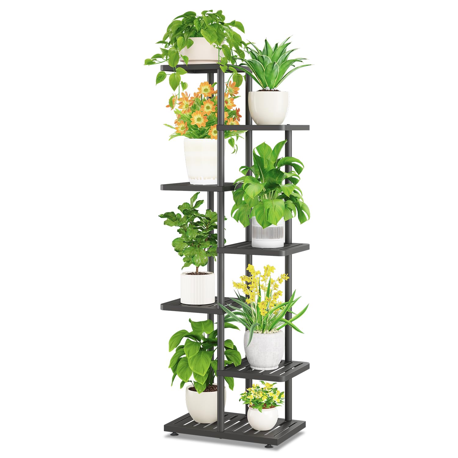 iDavosic.ly Plant Stand Indoor Outdoor, 6-Tier Tall Metal Flower Shelf for Heavy-Duty Large Planters, Corner Orchid Display Rack for Living Room Balcony Patio Porch, Space Saving, Modern Black