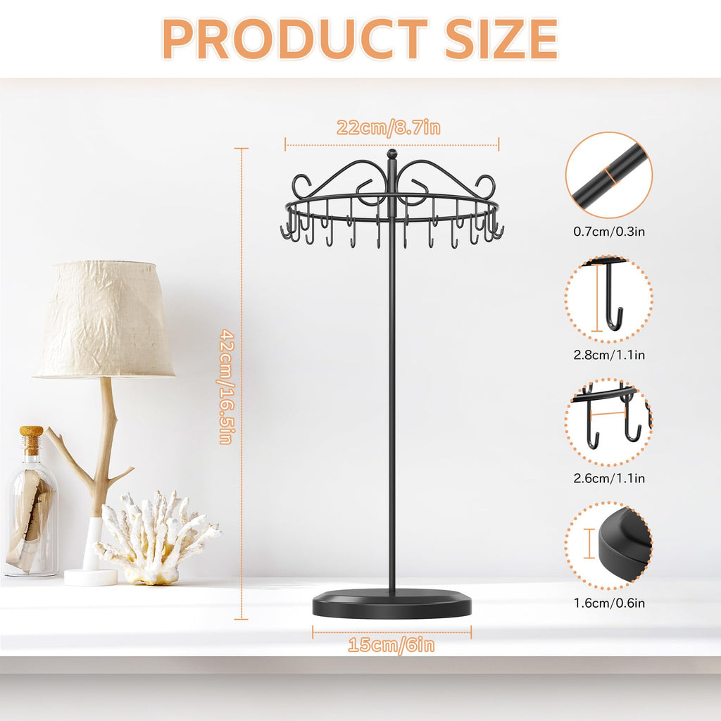 iDavosic.ly Rotating Necklace Holder Organizer with 24 Hooks, Adjustable Metal Bracelet Display Stand Rack, Extra Tall Keychain Spinning Tree Tower for Women, Black