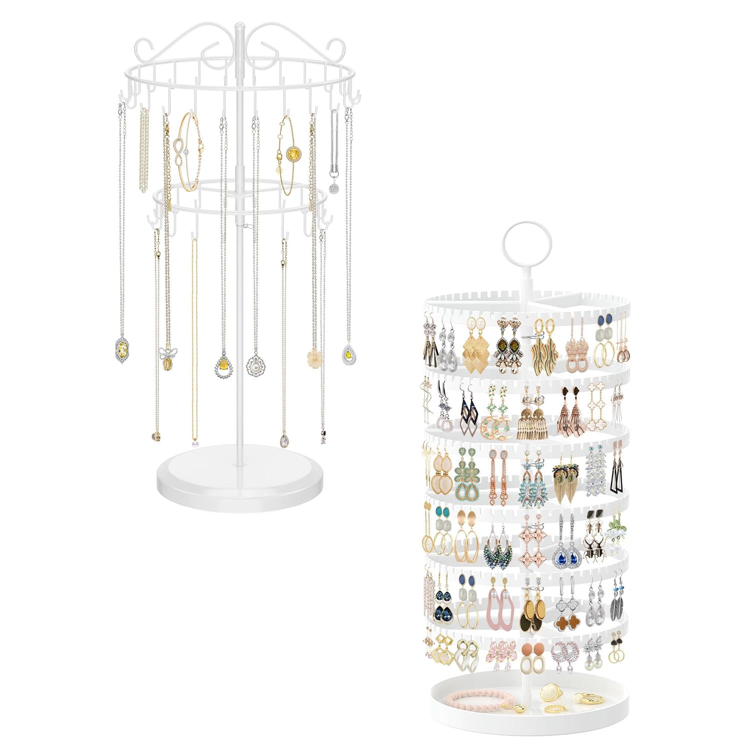 iDavosic.ly 2 Tier Metal Rotating Necklace Holder Organizer and 5 Layer Plastic Adjustable Earring Display Stand Rack with Iron Tray, Bracelet Keychain Spinning Tree Tower for Women Girl, White