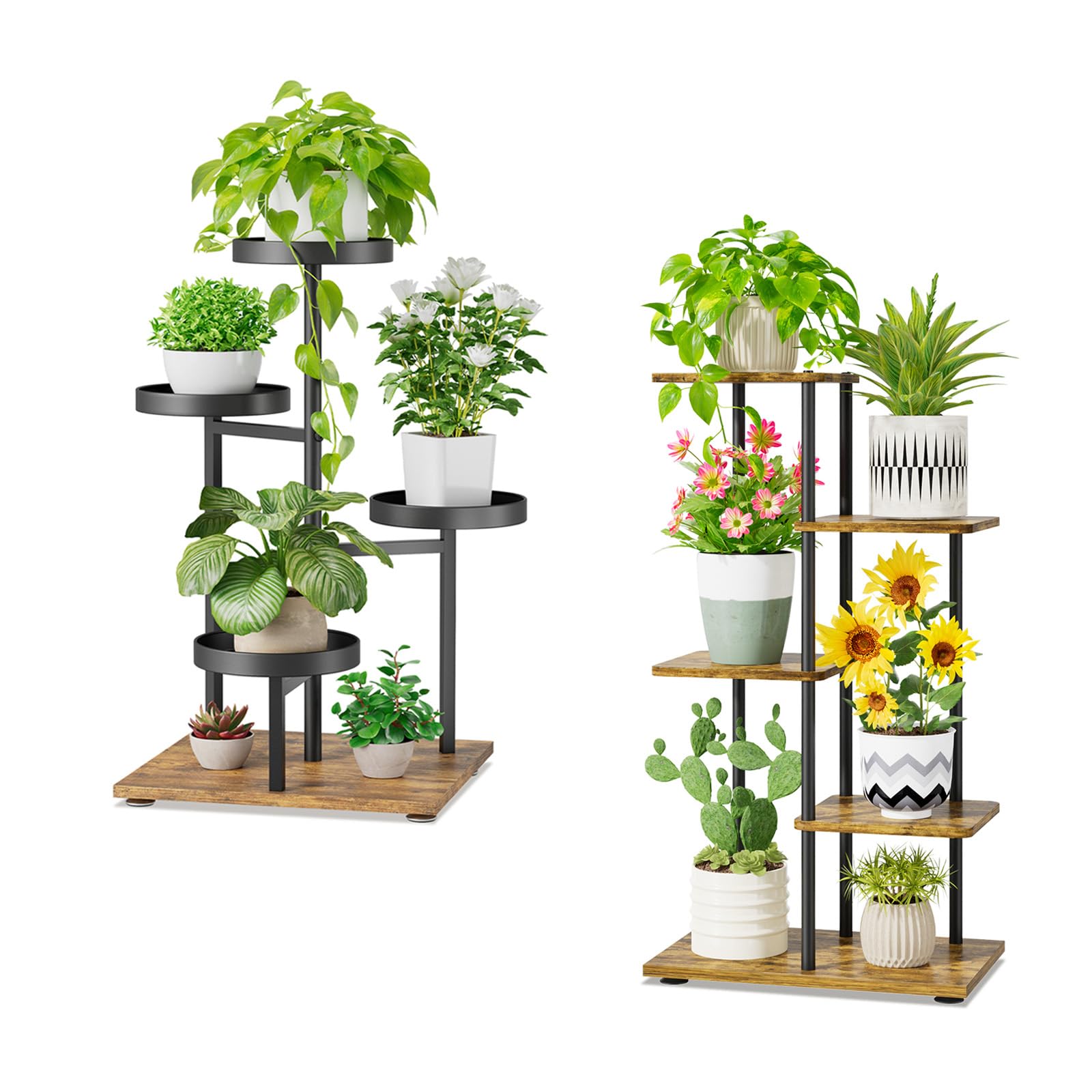 iDavosic.ly Plant Stand Indoor Outdoor Set of 2，4 Tiered Corner Flower Holder Shelf and 4 Layer Metal Wood Multiple Orchid Display Rack for Patio Porch Living Room Balcony Outdoor