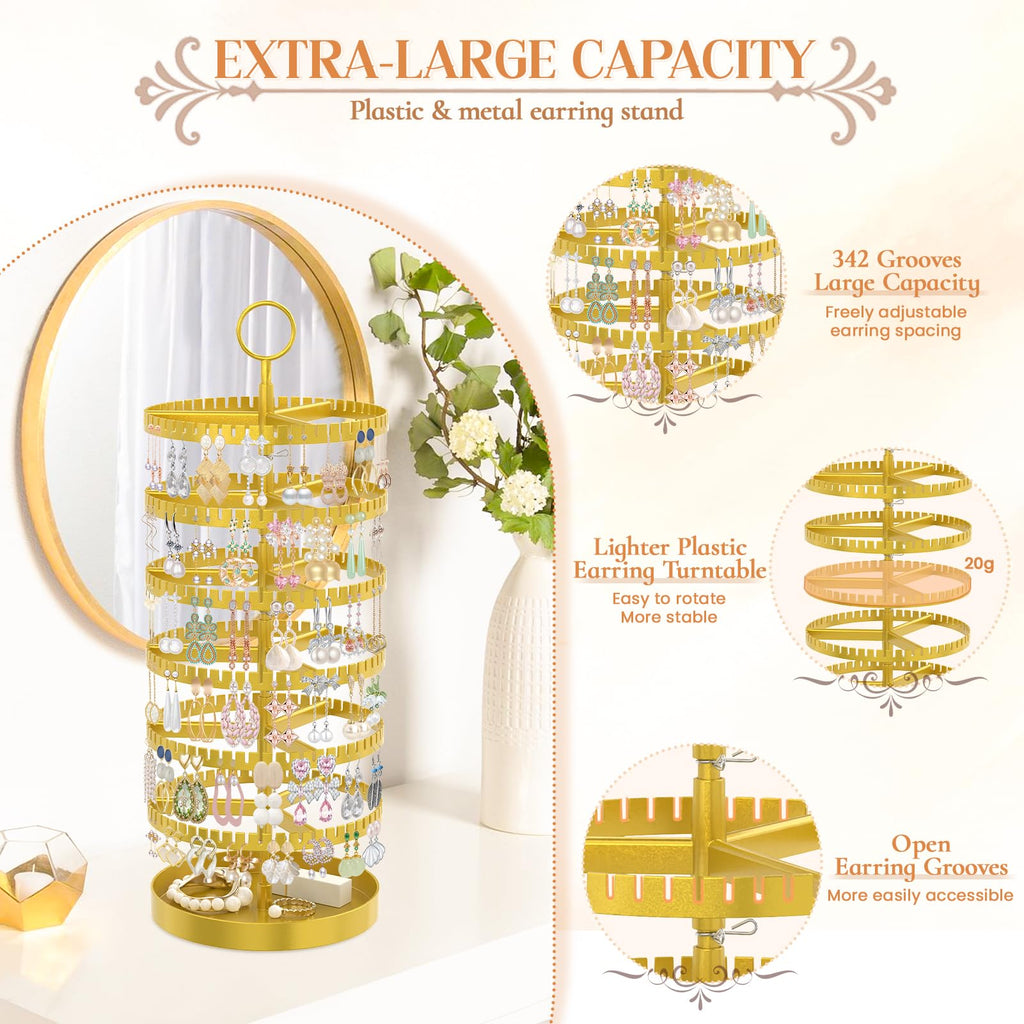 iDavosic.ly 6 Tier Rotating Earring Holder Organizer with Metal Tray, Adjustable Plastic Dangle Display Stands Tree with 342 Grooves, Large Hoop Storage Rack Tower, Gold