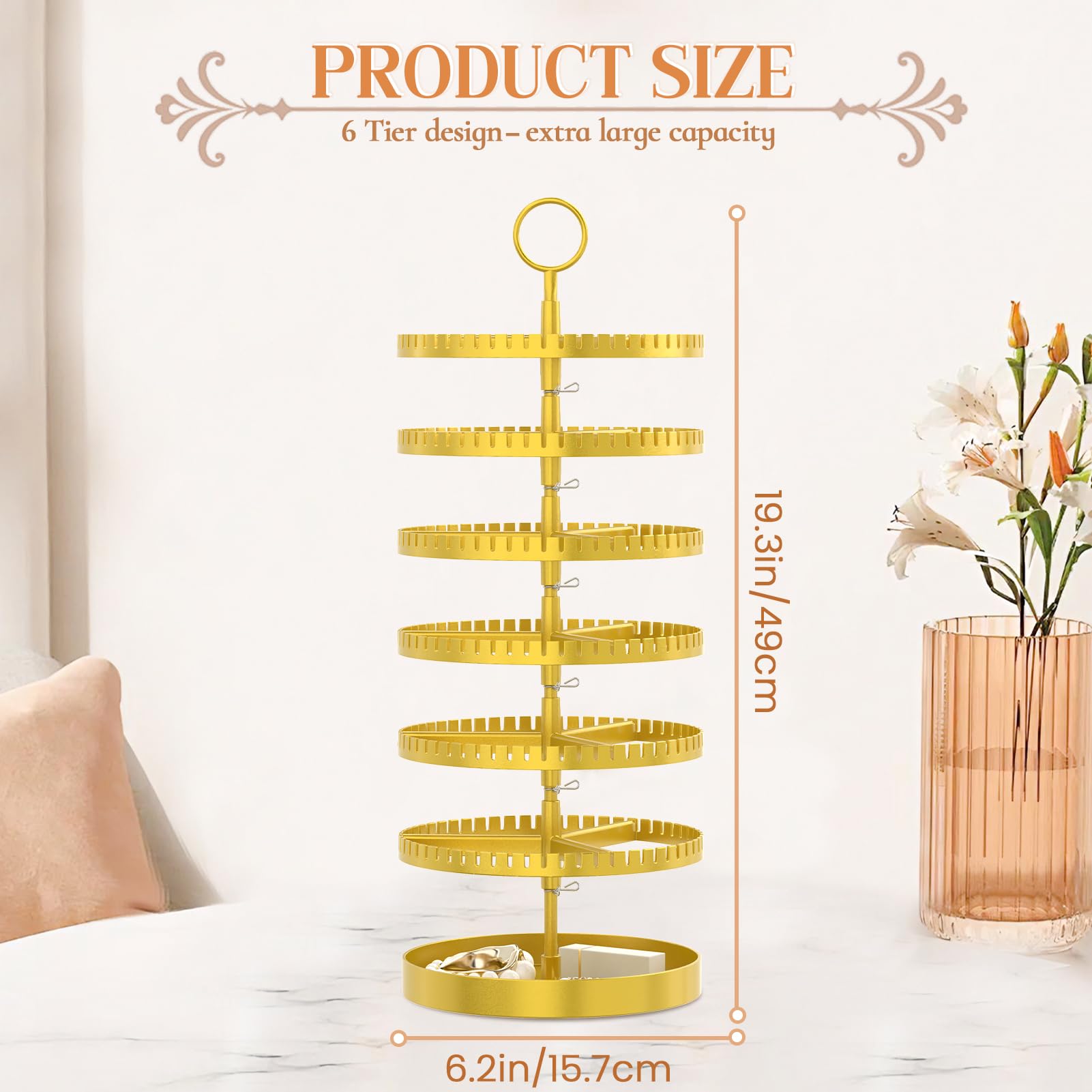 iDavosic.ly 6 Tier Rotating Earring Holder Organizer with Metal Tray, Adjustable Plastic Dangle Display Stands Tree with 342 Grooves, Large Hoop Storage Rack Tower, Gold