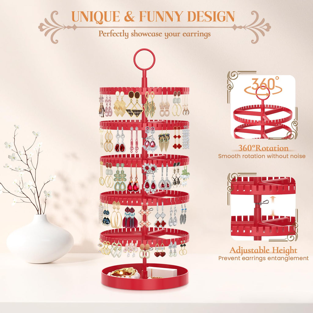 iDavosic.ly 5 Tier Rotating Earring Holder Organizer with Metal Tray, Adjustable Plastic Dangle Display Stands Tree with 285 Grooves, Large Hoop Storage Rack Tower, Red