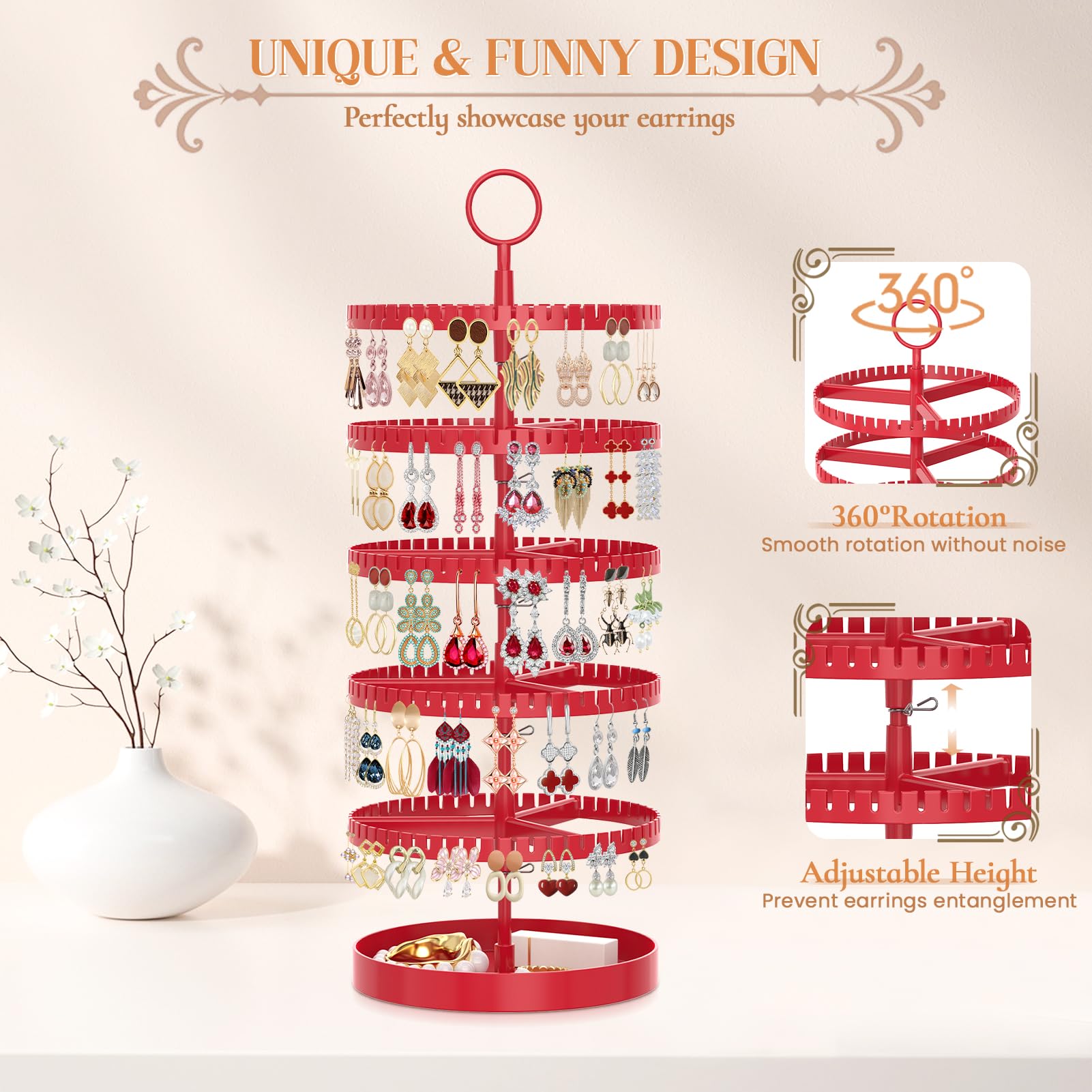 iDavosic.ly 5 Tier Rotating Earring Holder Organizer with Metal Tray, Adjustable Plastic Dangle Display Stands Tree with 285 Grooves, Large Hoop Storage Rack Tower, Red