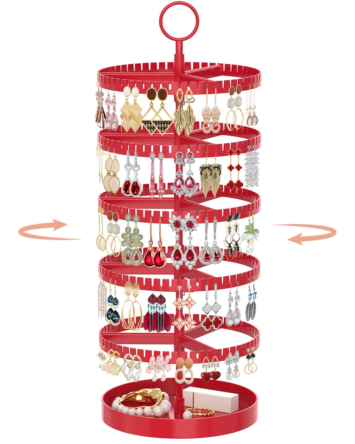 iDavosic.ly 5 Tier Rotating Earring Holder Organizer with Metal Tray, Adjustable Plastic Dangle Display Stands Tree with 285 Grooves, Large Hoop Storage Rack Tower, Red