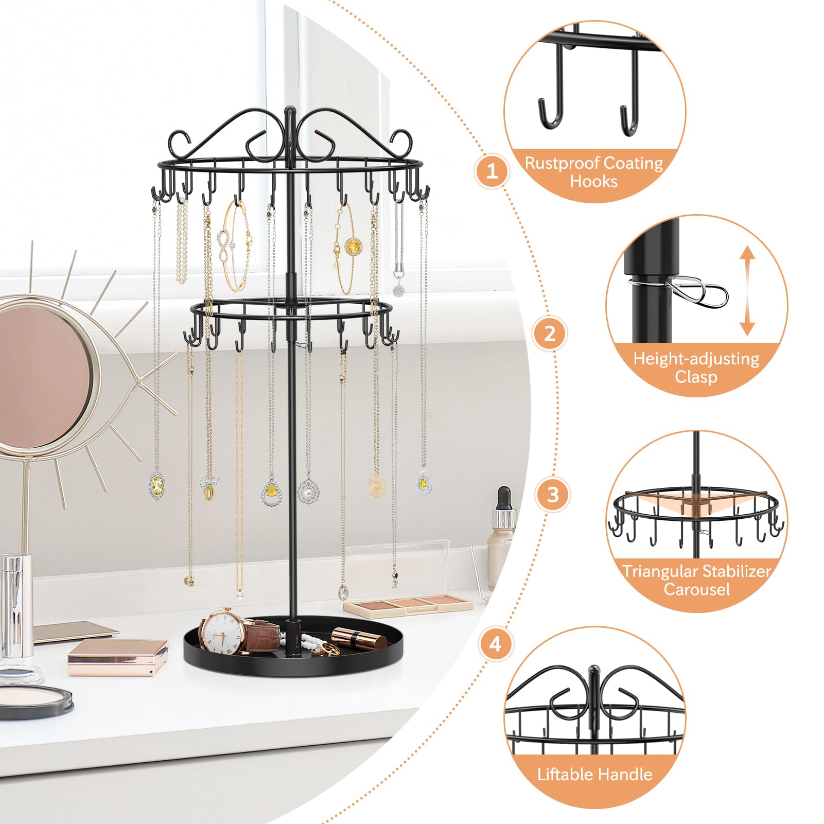 iDavosic.ly 2 Tier Rotating Necklace Organizer with Jewelry Tray, Adjustable Metal Necklace Holder with 42 Hooks, Extra Tall Bracelet Keychain Spinning Display Stand Tree Tower for Women, Black