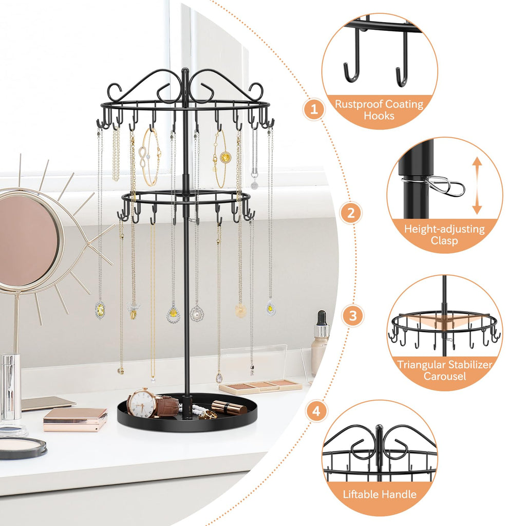 iDavosic.ly 2 Tier Rotating Necklace Organizer with Jewelry Tray, Adjustable Metal Necklace Holder with 42 Hooks, Extra Tall Bracelet Keychain Spinning Display Stand Tree Tower for Women, Black