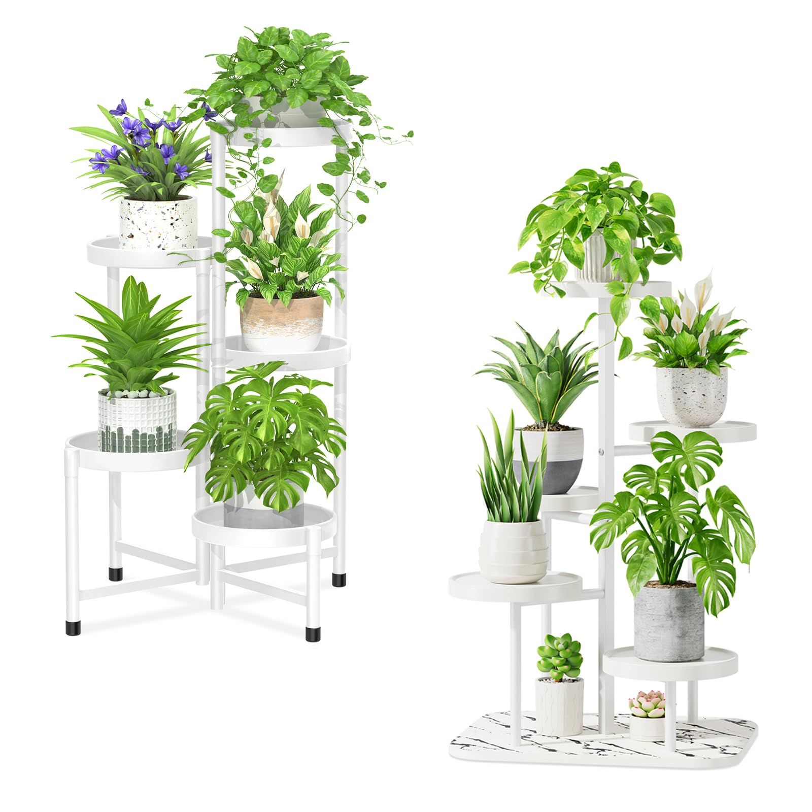 iDavosic.ly 5 Tier Plant Stand for Indoor Outdoor 2 Pack, Folding Corner Flower Pot Holder Shelf and Metal Plastic Tall Orchid Display Rack for Patio Porch Living Room Garden Balcony, White