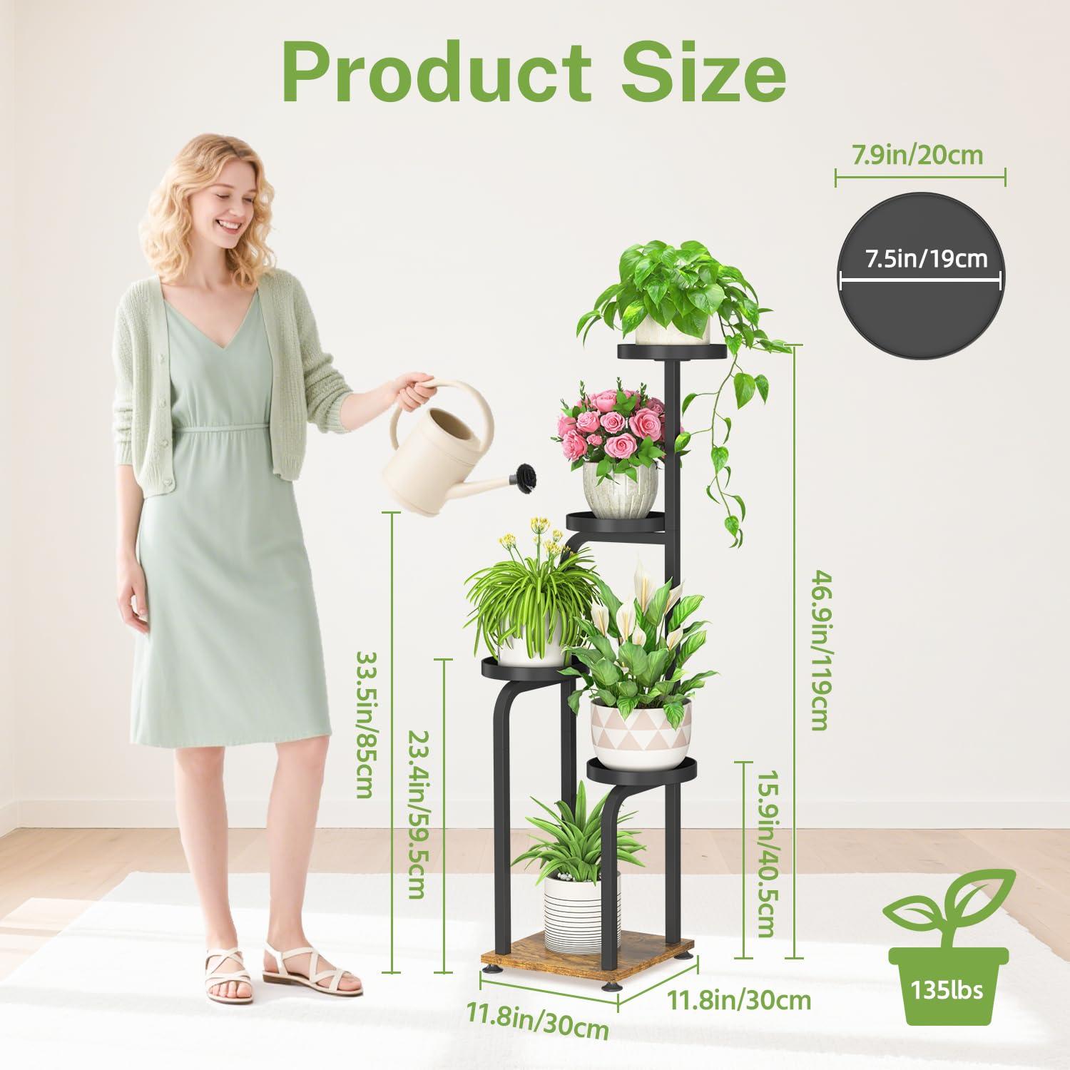 iDavosic.ly 4 Tier Plant Stand for Indoor Outdoor Set of 2, Metal and Wood Multiple Flower Holder Shelf and Space Saving Tall Corner Orchid Rack for Living Room Balcony Patio Porch Garden