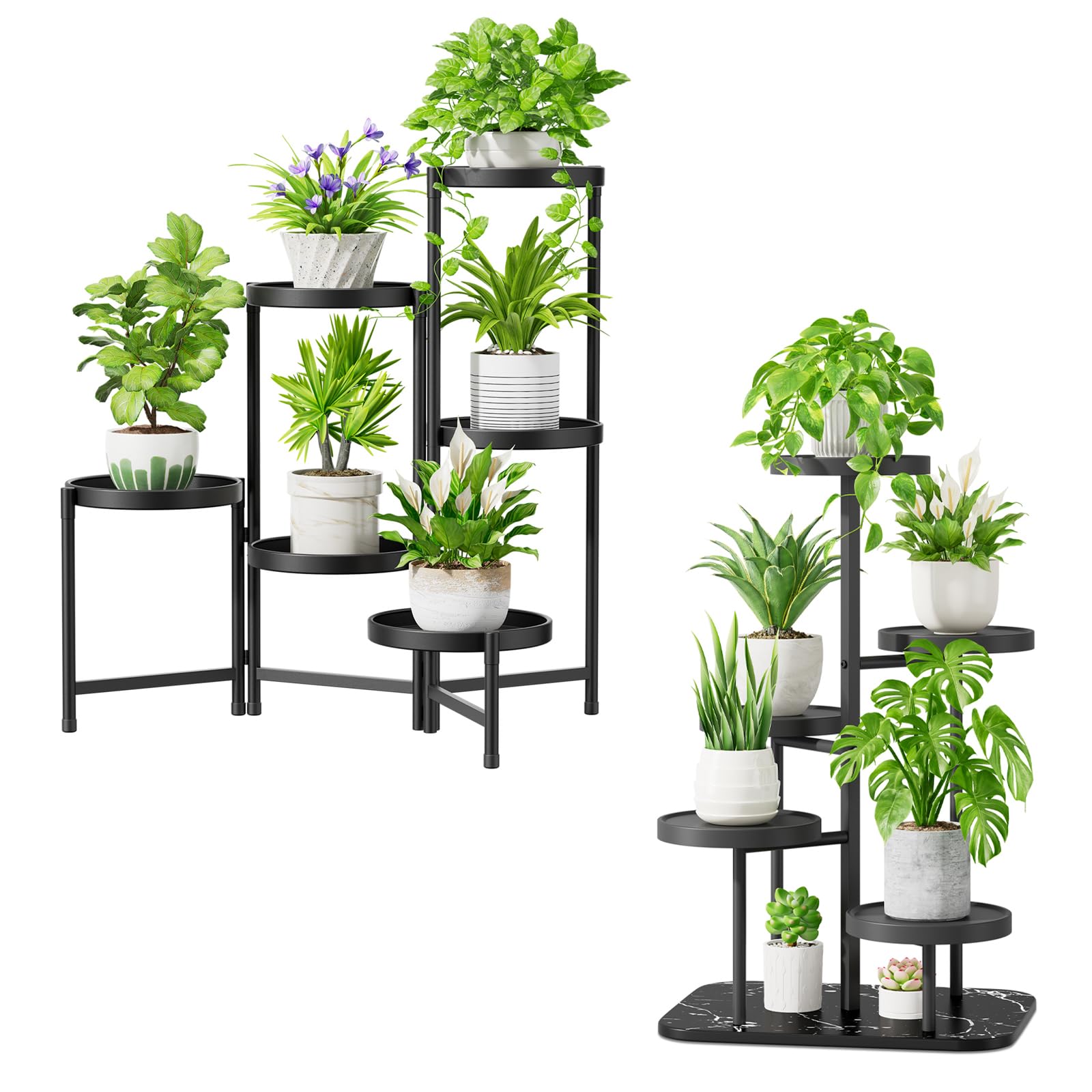 iDavosic.ly Plant Stand for Indoor Outdoor 2 Pack, Large 6 Tier Folding Tall Flower Pot Holder Shelf and 5 Layer Metal Plastic Corner Orchid Display Rack for House Patio Porch Garden Balcony, Black