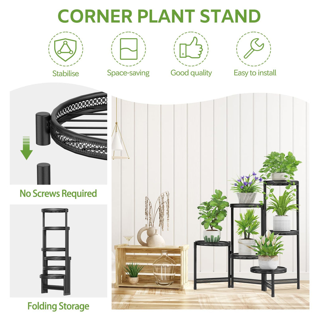 iDavosic.ly Metal Plant Stand for Indoor Outdoor Set of 2, 6 Tier Large Foldable Iron Carving Flower Pot Holder Shelf and 3 Layer Tall Vertical Display Rack for Patio Porch Living Room Garden, Black