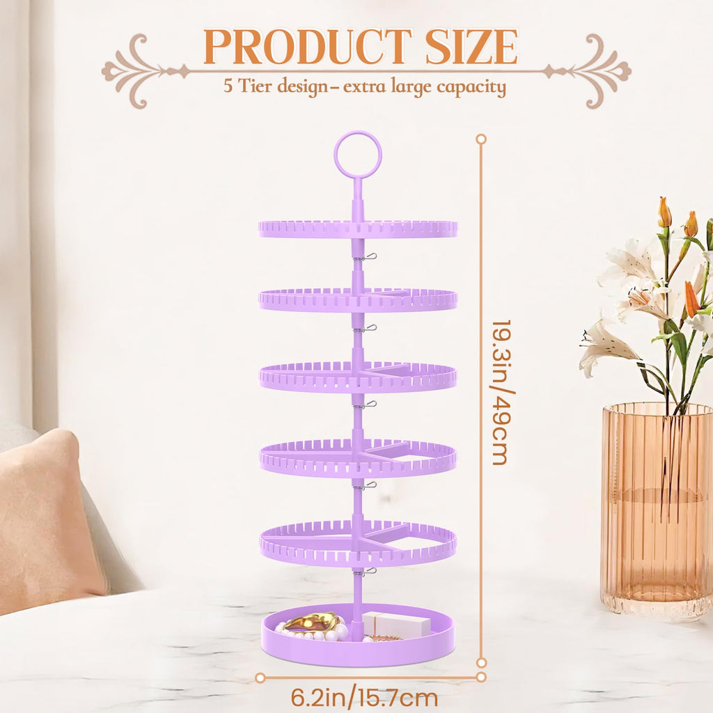 iDavosic.ly 5 Tier Rotating Earring Holder Organizer with Metal Tray, Adjustable Plastic Dangle Display Stands Tree with 285 Grooves, Large Hoop Storage Rack Tower, Purple