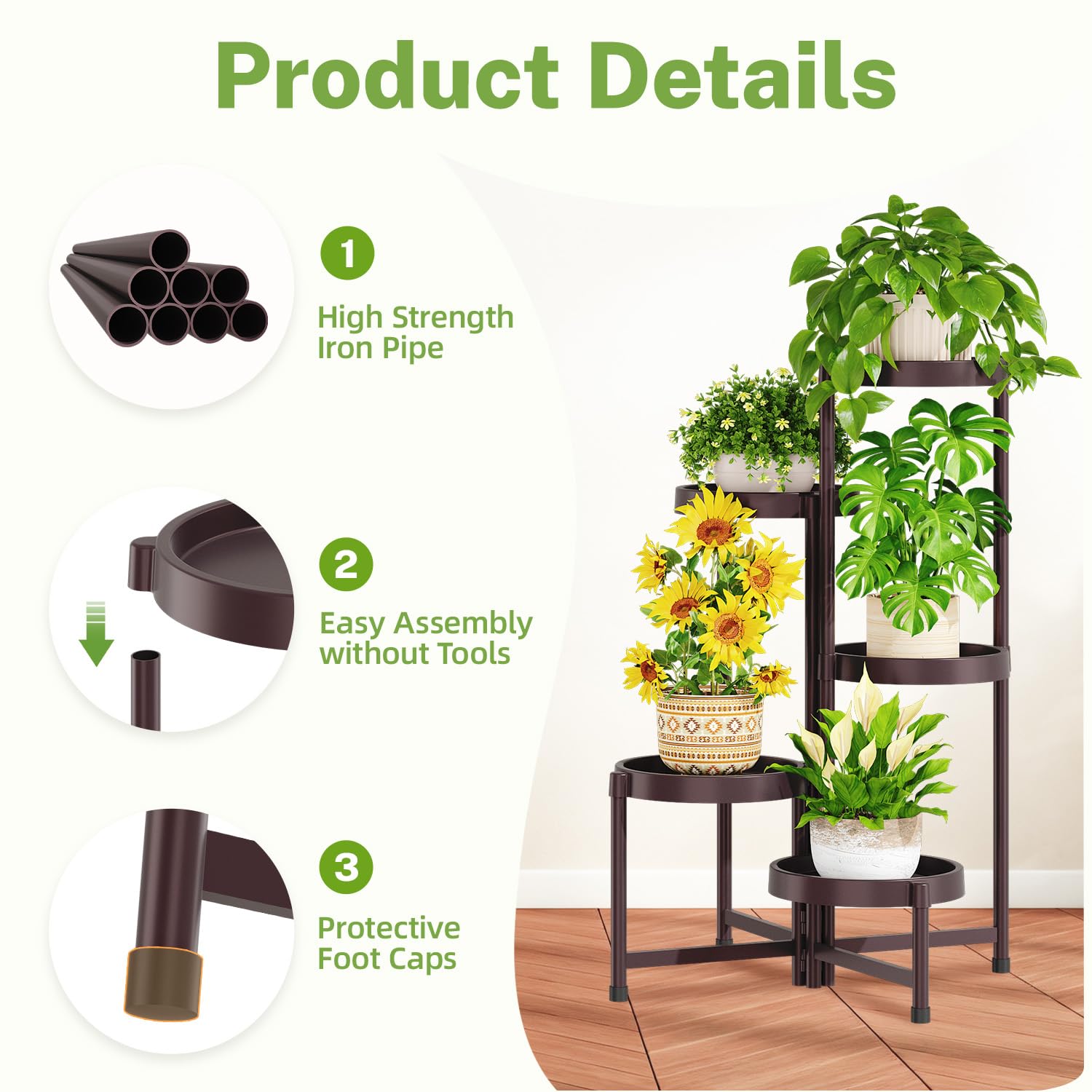 iDavosic.ly 5 Tier Folding Plant Stand Indoor Outdoor with Plastic Tray, Tiered Corner Flower Holder Shelf, Metal Orchid Display Rack for Patio Porch Living Room Garden Balcony, Bronze