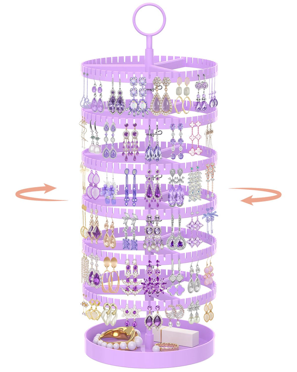 iDavosic.ly 6 Tier Rotating Earring Holder Organizer with Metal Tray, Adjustable Plastic Dangle Display Stands Tree with 342 Grooves, Large Hoop Storage Rack Tower, Purple