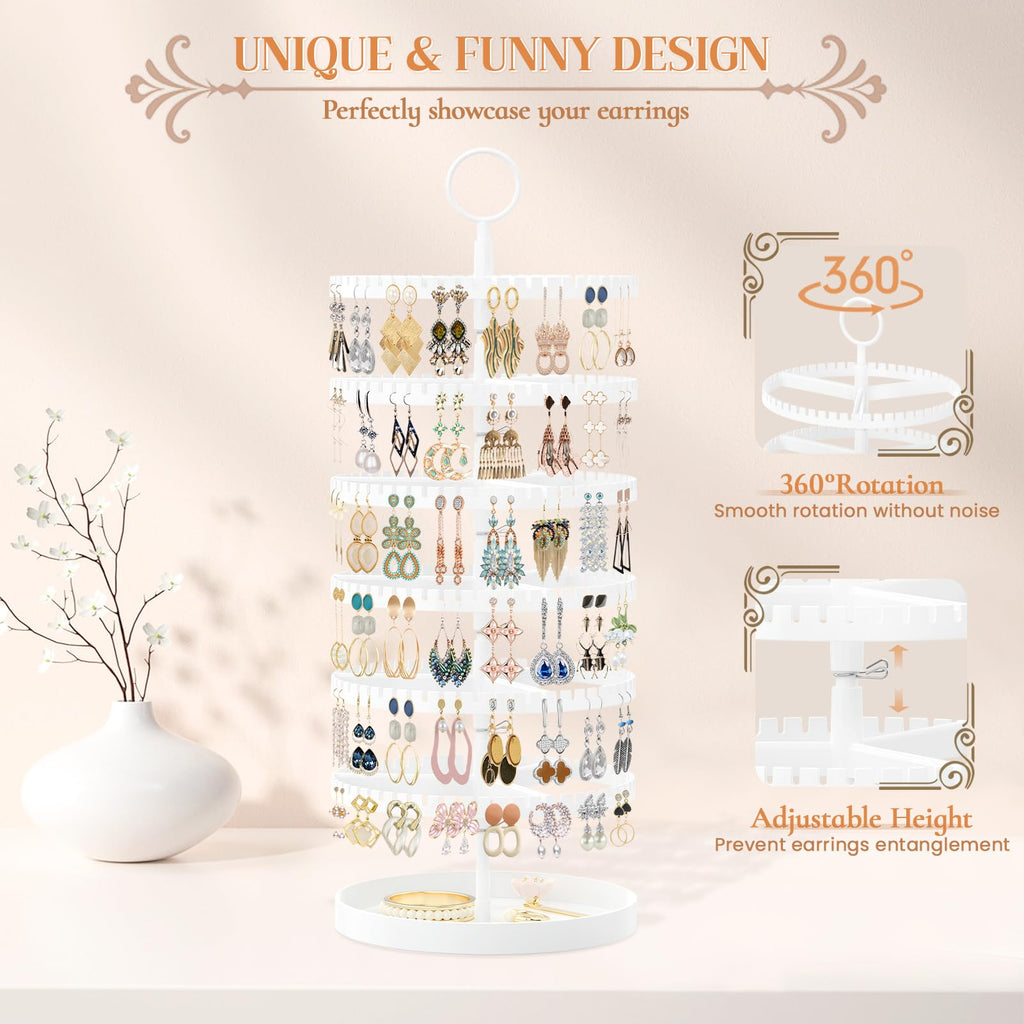 iDavosic.ly 6 Tier Rotating Earring Holder Organizer with Metal Tray, Adjustable Plastic Dangle Display Stands Tree with 342 Grooves, Large Hoop Storage Rack Tower, White