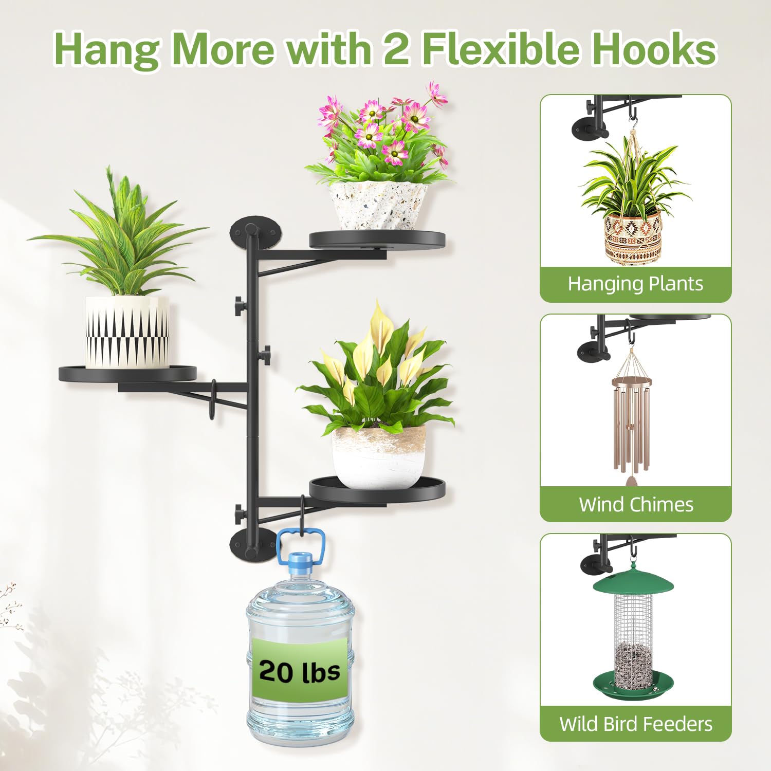 iDavosic.ly Wall Plant Holder Set of 3, Rotating Window Plant Shelves, 3-Tier Metal Stand with Hooks, Floating Display for Indoor Plants, Picture Frames, Decor, Black (Pots/Chains/Plants Not Included)