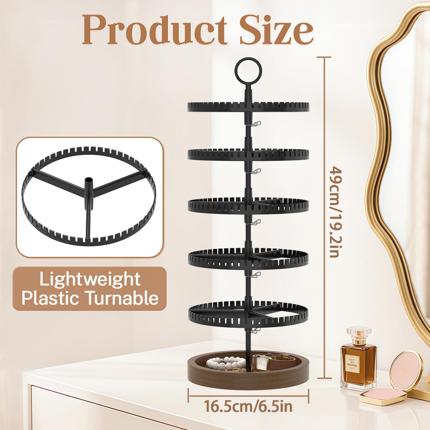 iDavosic.ly 5 Tier Rotating Earring Holder Organizer with Wooden Tray, Large Dangle Display Stands Tree with 285 Plastic Grooves, Adjustable Hoop Storage Rack, Space Saving Tower, Black & Brown