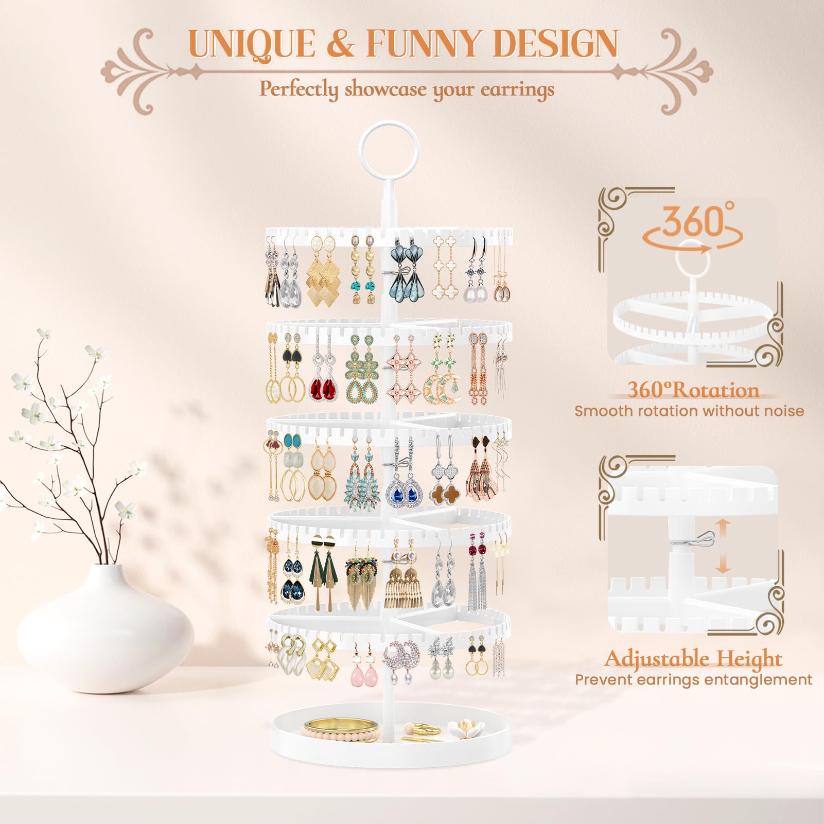 iDavosic.ly 5 Tier Rotating Earring Holder Organizer with Metal Tray, Adjustable Plastic Dangle Display Stands Tree with 285 Grooves, Large Hoop Storage Rack Tower, White